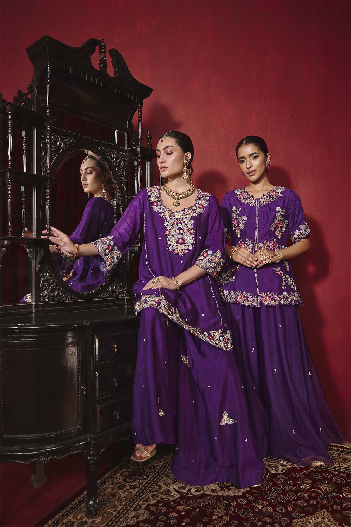 Purple Dupion Silk A-Line Kurta and Sharara Set - Shagun
