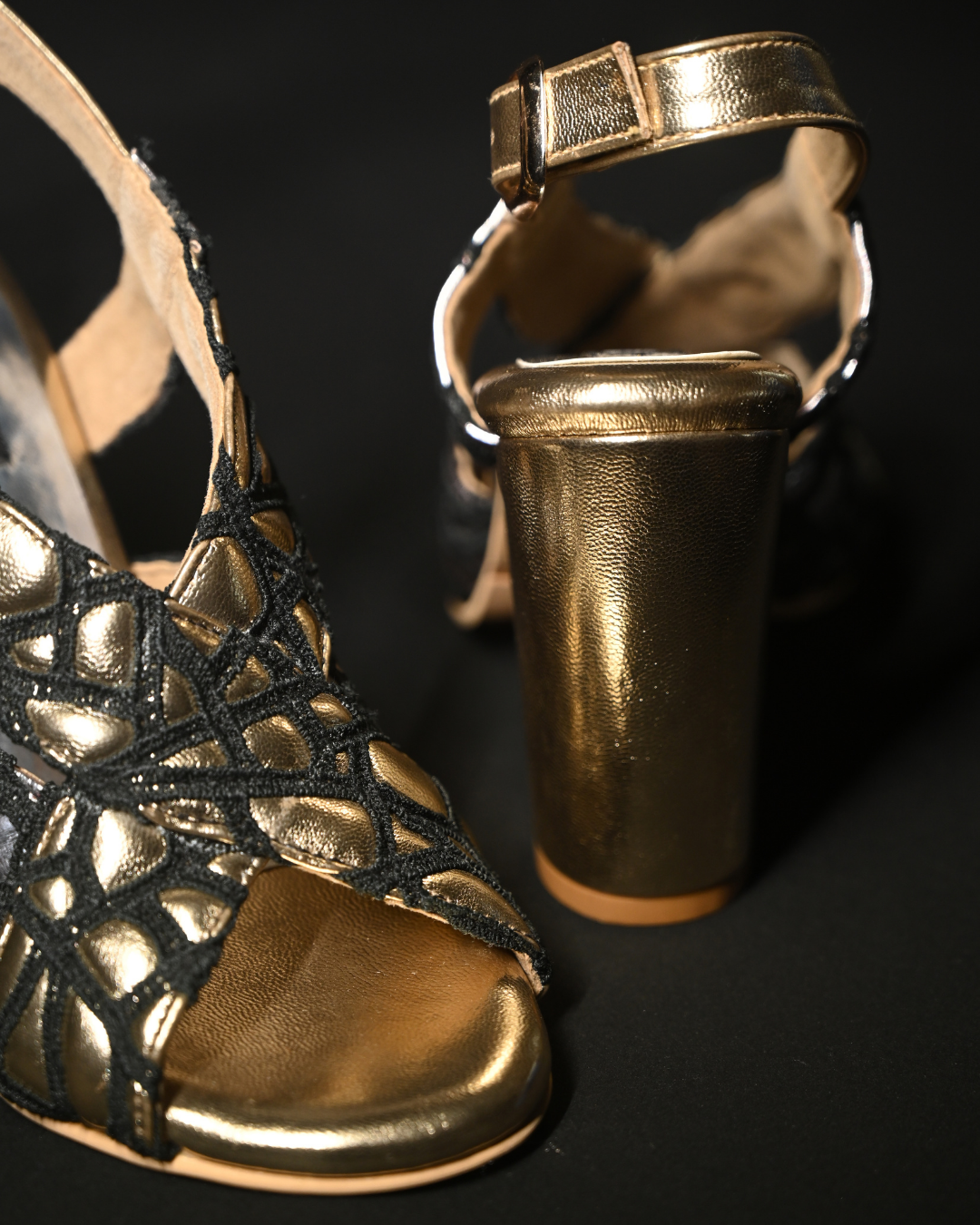 Black Webbed Detailing With Cushioned Gold And Silver Sling Back Heels