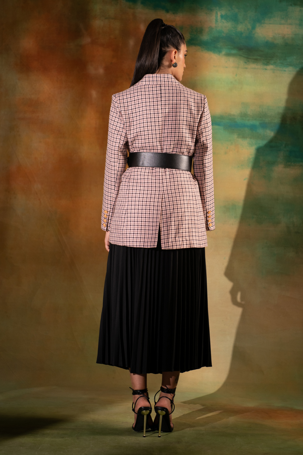 Pink Tweed Check Blazer & Pleated Silk Crepe Skirt Set
