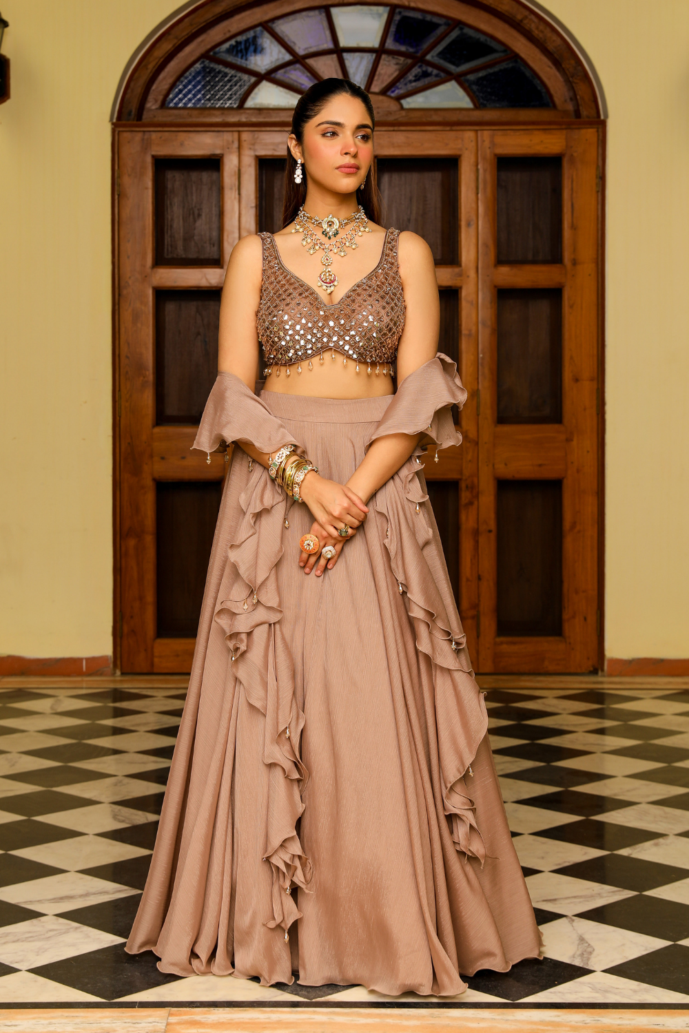 Saanvi Skin Crystal Embroidered Lehenga with Structured Organza Frill