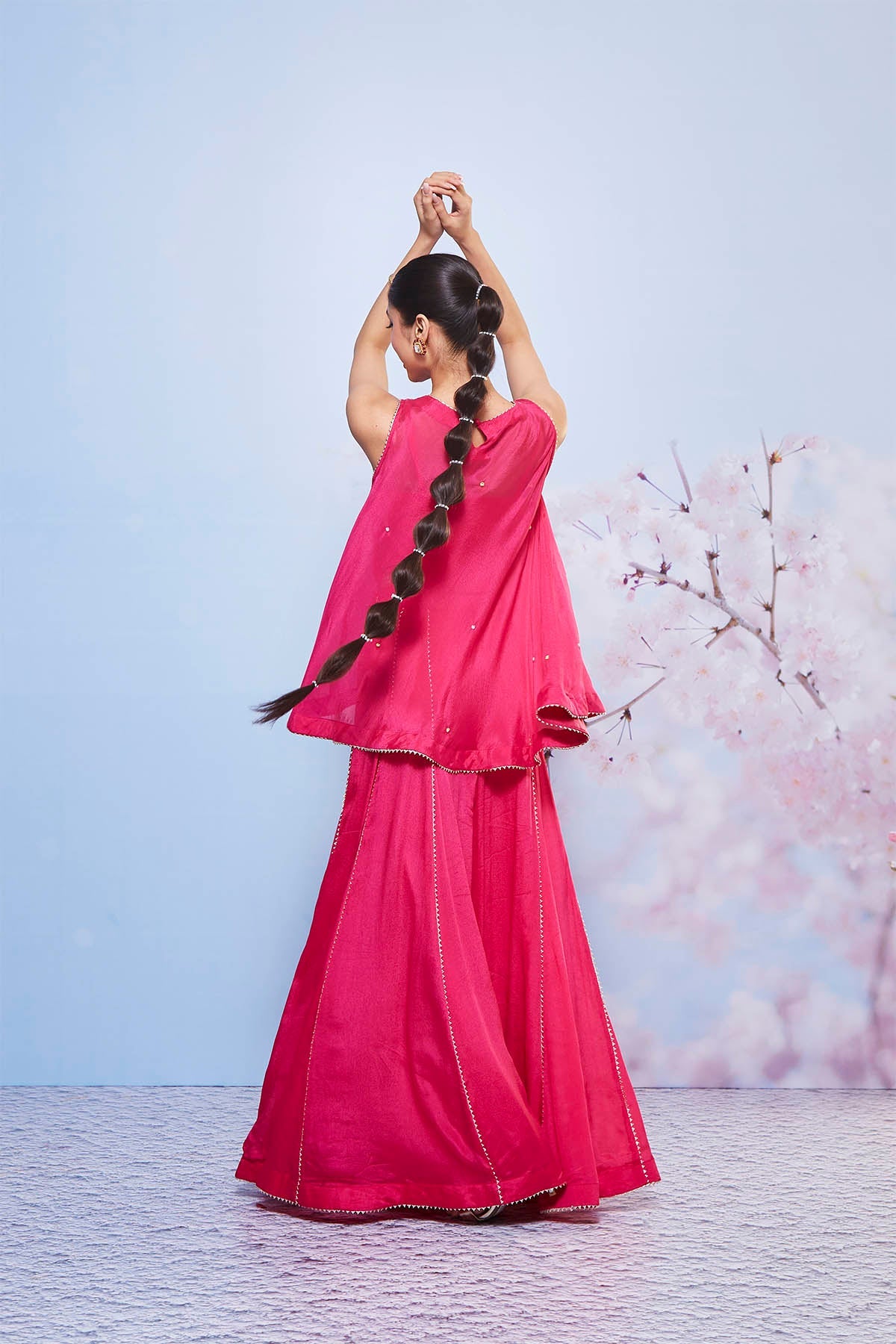 Rani Pink Chiffon A-Line Kurta and Sharara Set with Embroidery