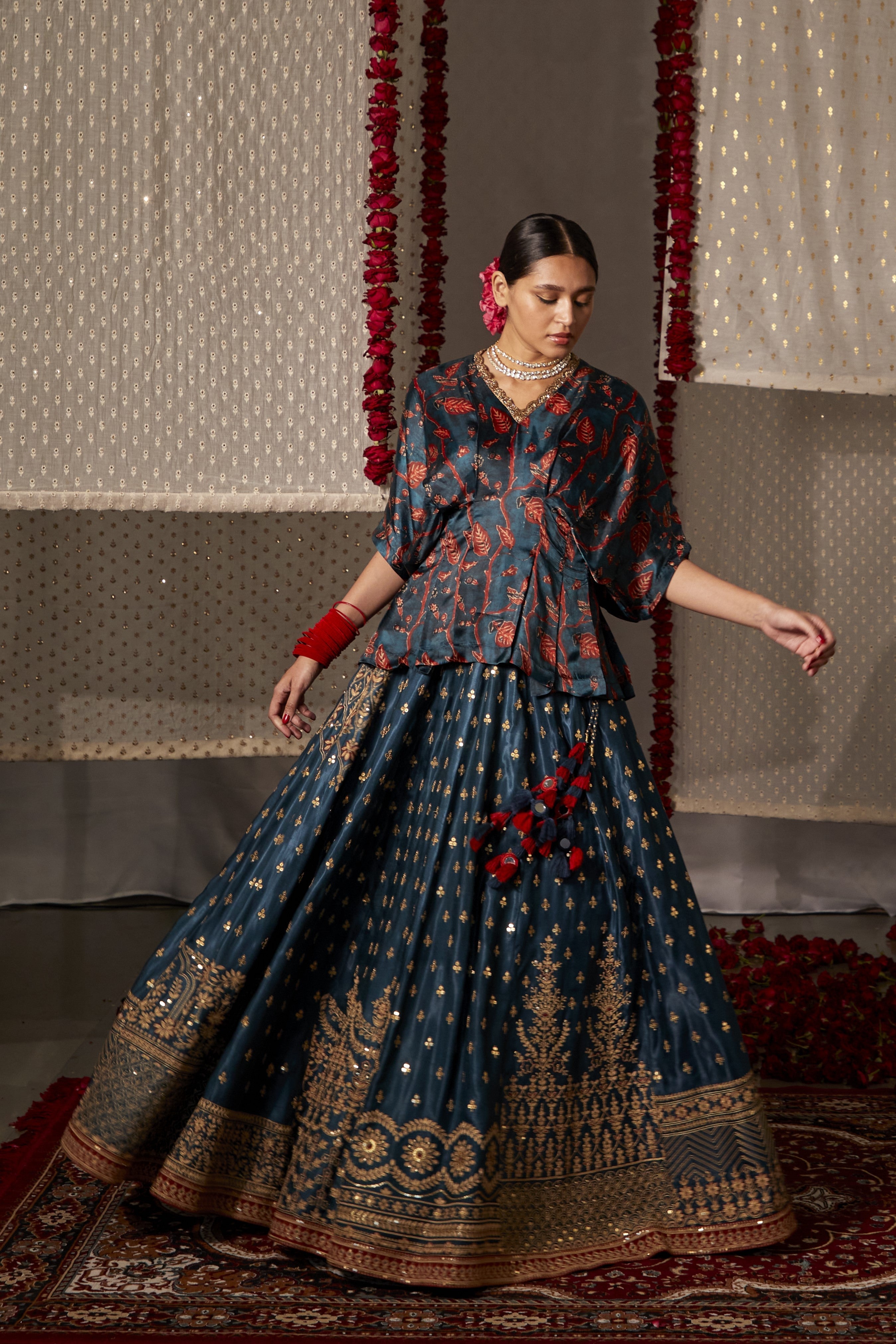 Blue Gajji Silk Printed And Embroidered Floral Kurta & Lehenga Set