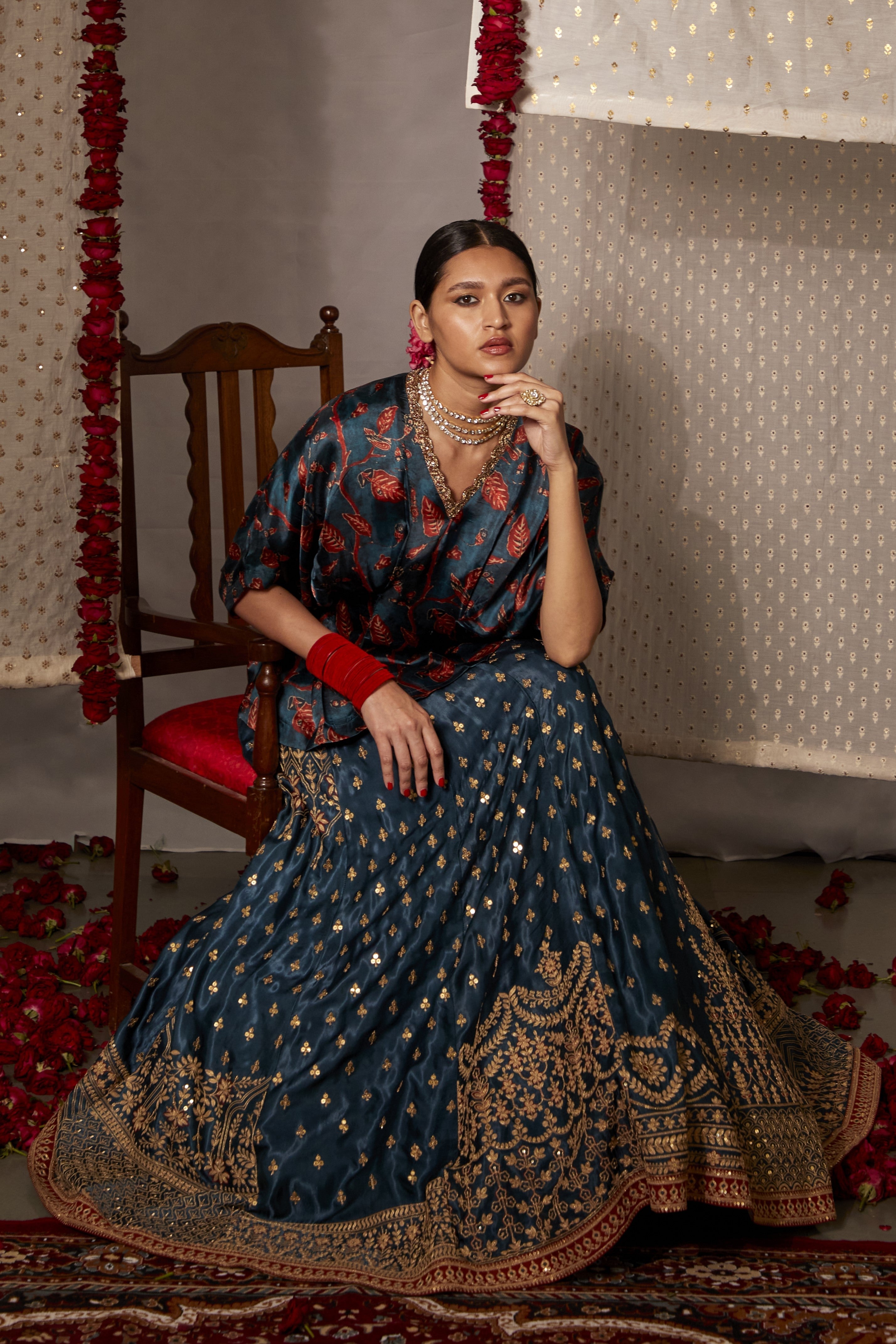 Blue Gajji Silk Printed And Embroidered Floral Kurta & Lehenga Set