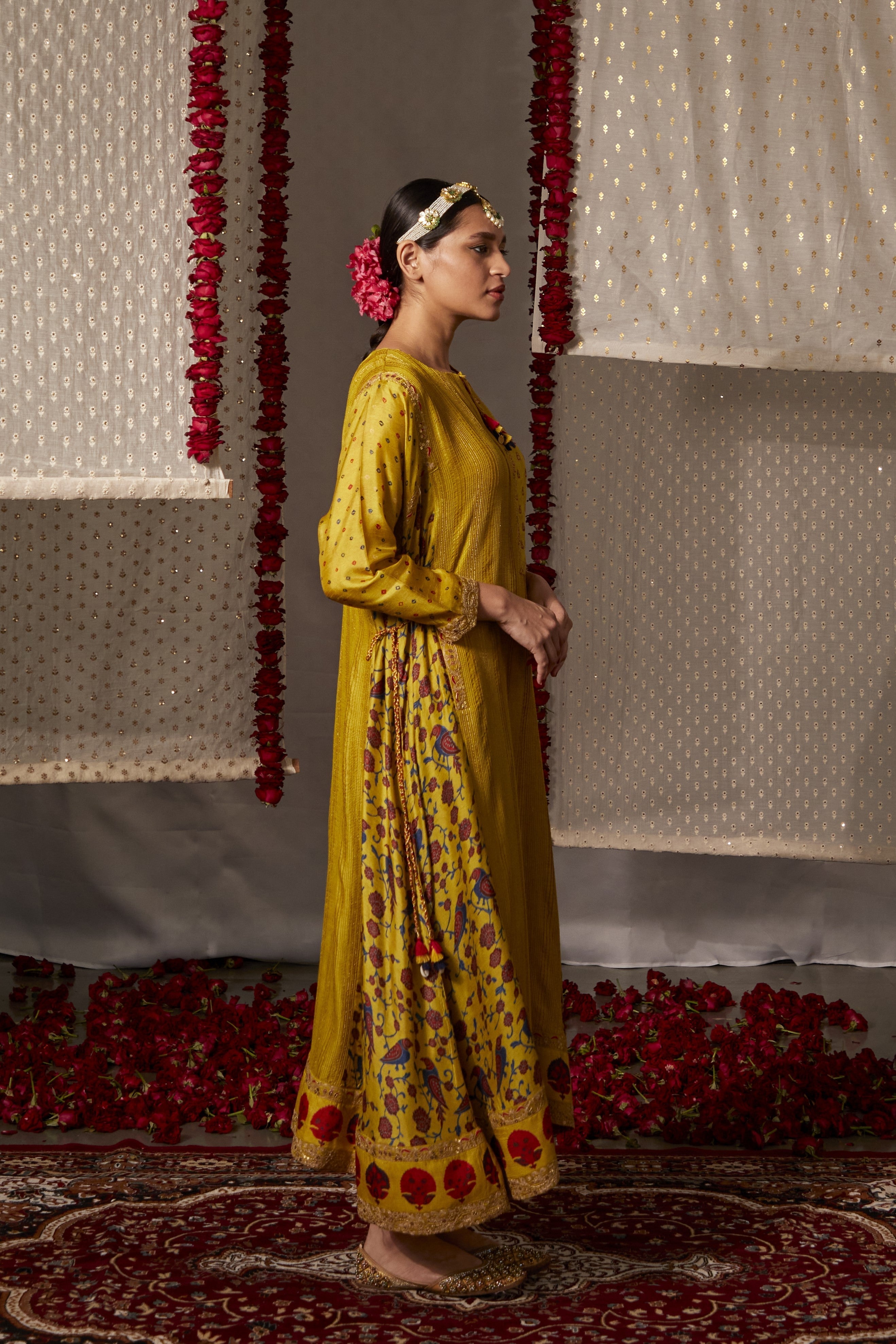 Yellow Slub Silk Printed And Embroidered Panelled Kurta & Pant Set