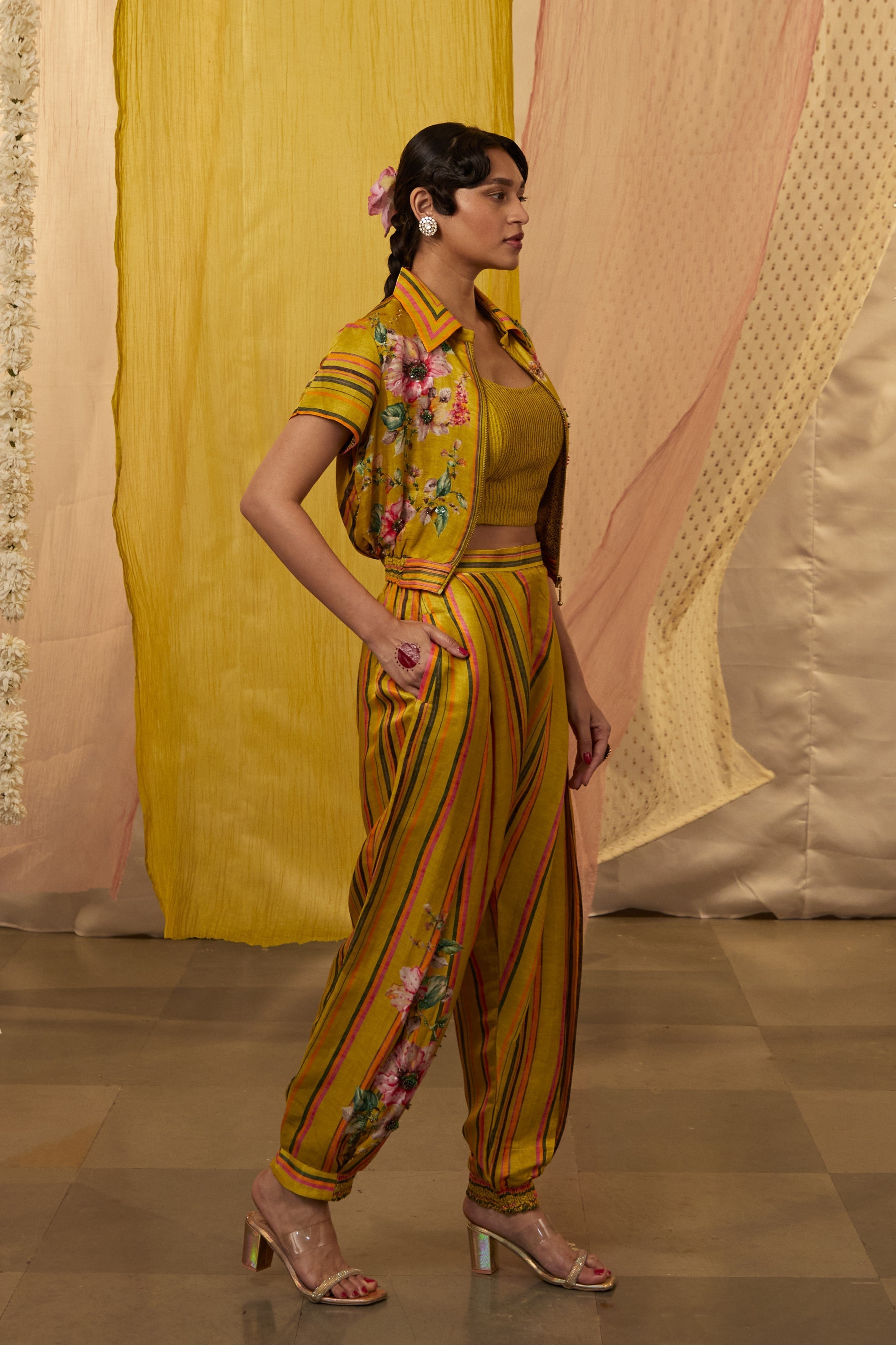 Yellow Slub Silk Printed And Embroidered Floral Jacket Pant Set