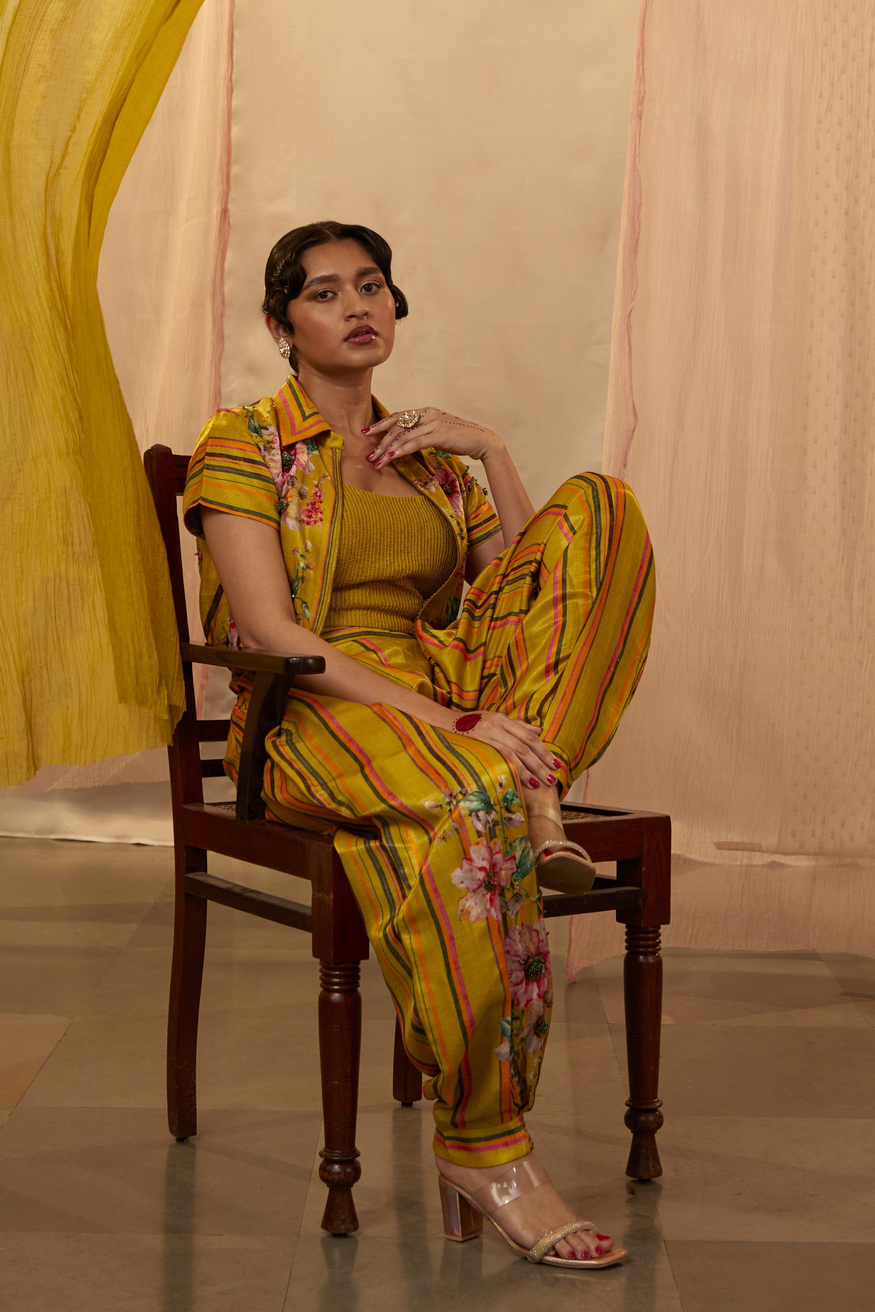 Yellow Slub Silk Printed And Embroidered Floral Jacket Pant Set