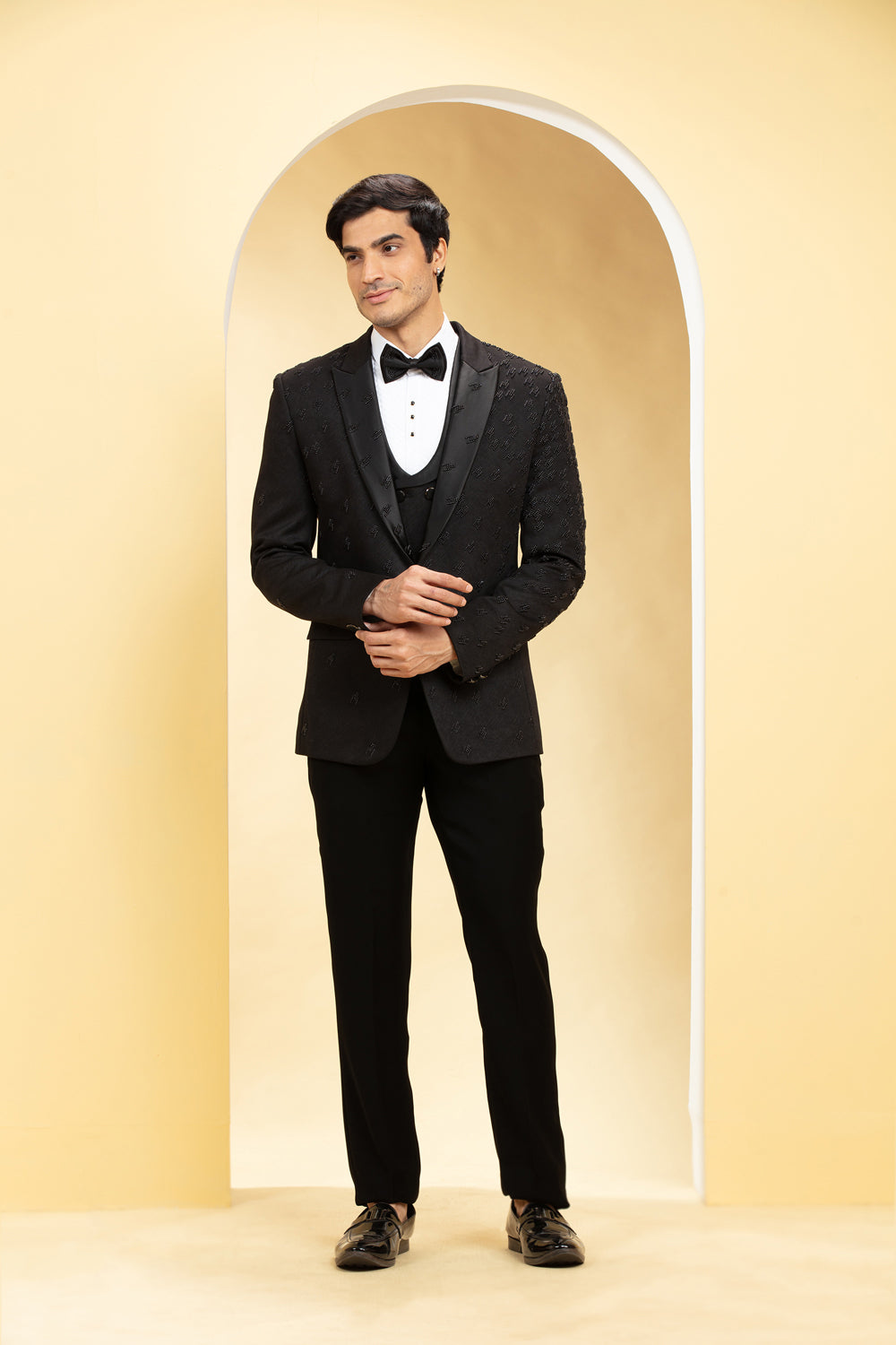 Raven Black Suede Tuxedo Set And Bow Tie With Self Cutdana Work - Auraya Fashion - Riyaasat Men - #tag1# - #tag2# - #tag3# - #tag3#