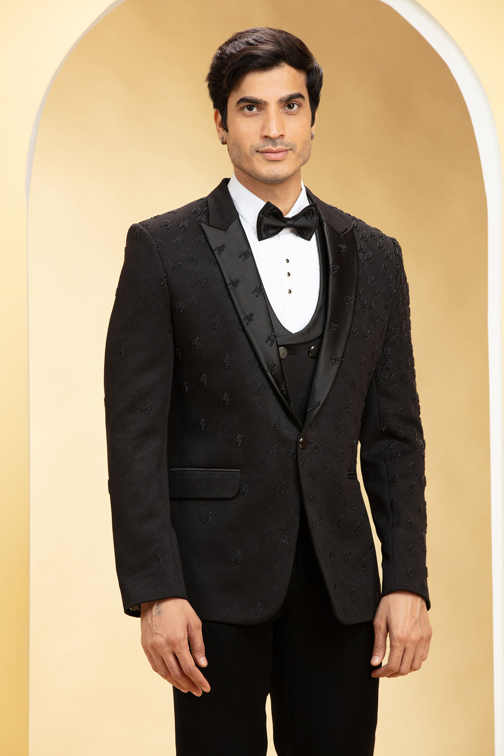 Raven Black Suede Tuxedo Set And Bow Tie With Self Cutdana Work - Auraya Fashion -  - #tag1# - #tag2# - #tag3# - #tag3#