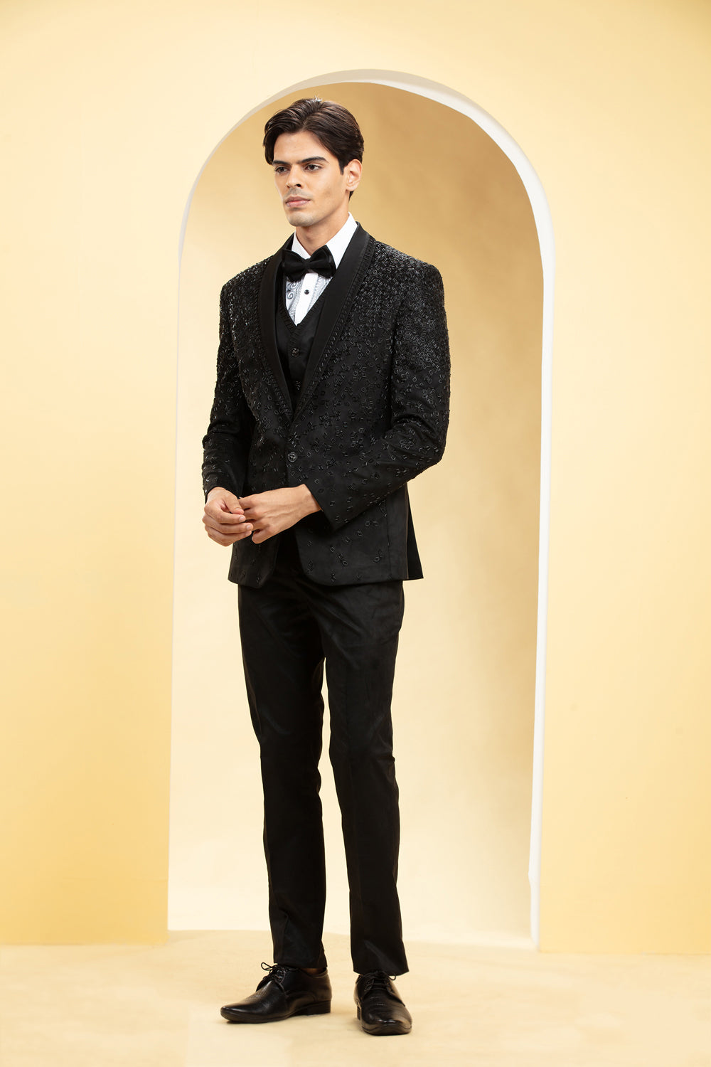 Coal Black Suede Tuxedo Set And Bow Tie With Self Cutdana Work - Auraya Fashion - Riyaasat Men - #tag1# - #tag2# - #tag3# - #tag3#