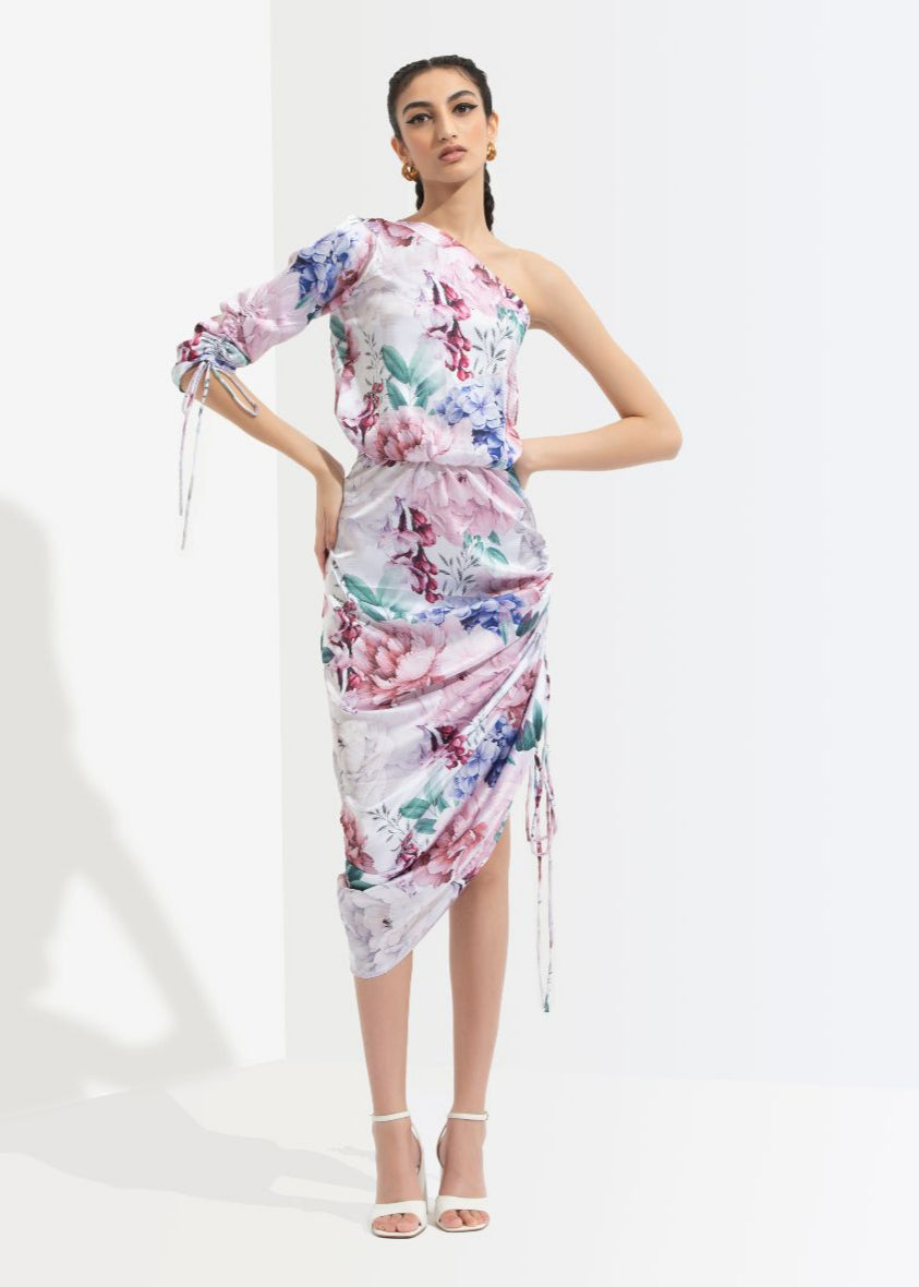 Iris Printed One Off Shoulder Short Dress