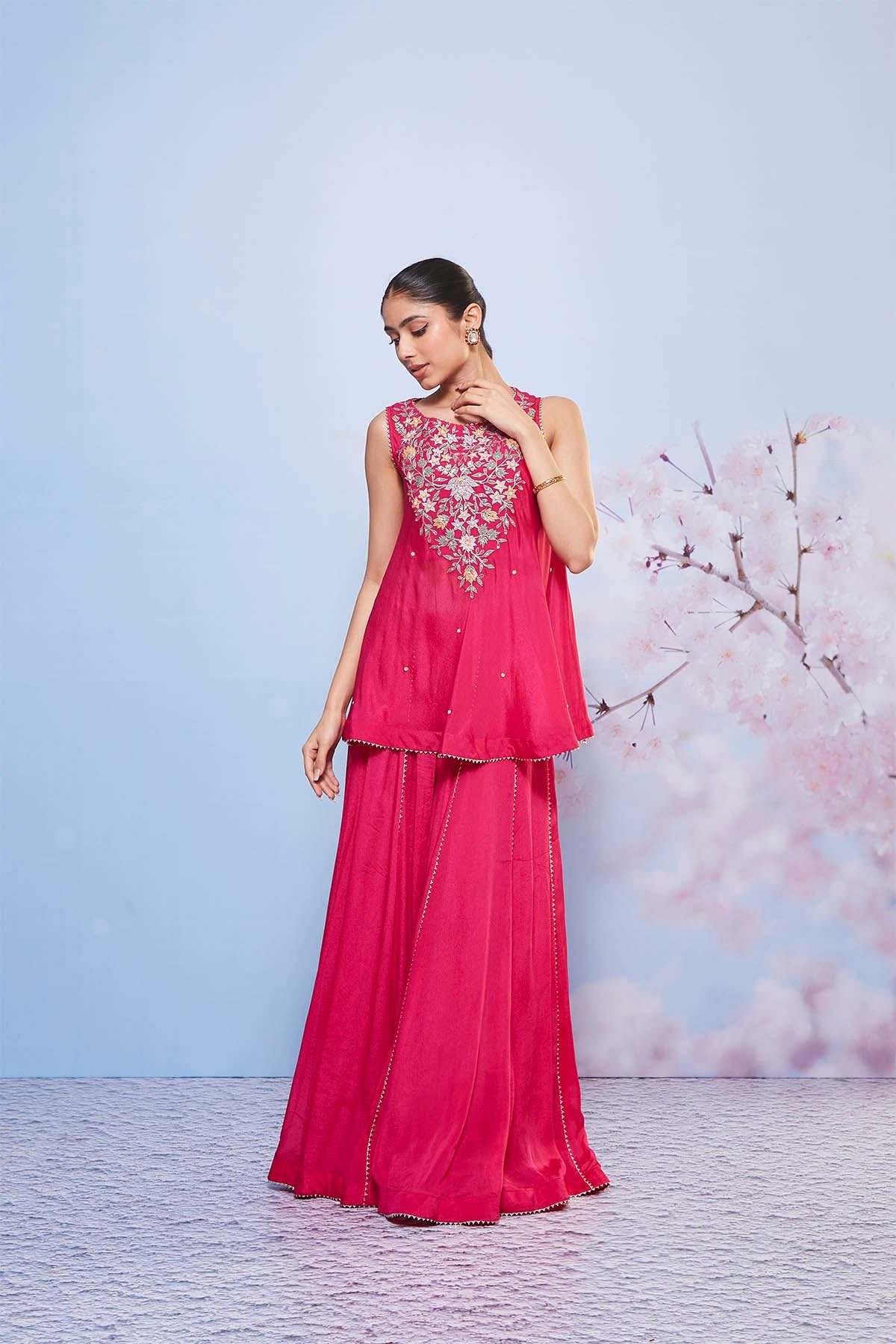 Rani Pink Chiffon A-Line Kurta and Sharara Set with Embroidery
