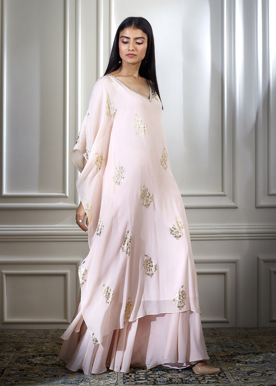 Peach Foil Printed Embellished Kaftan With Sharara