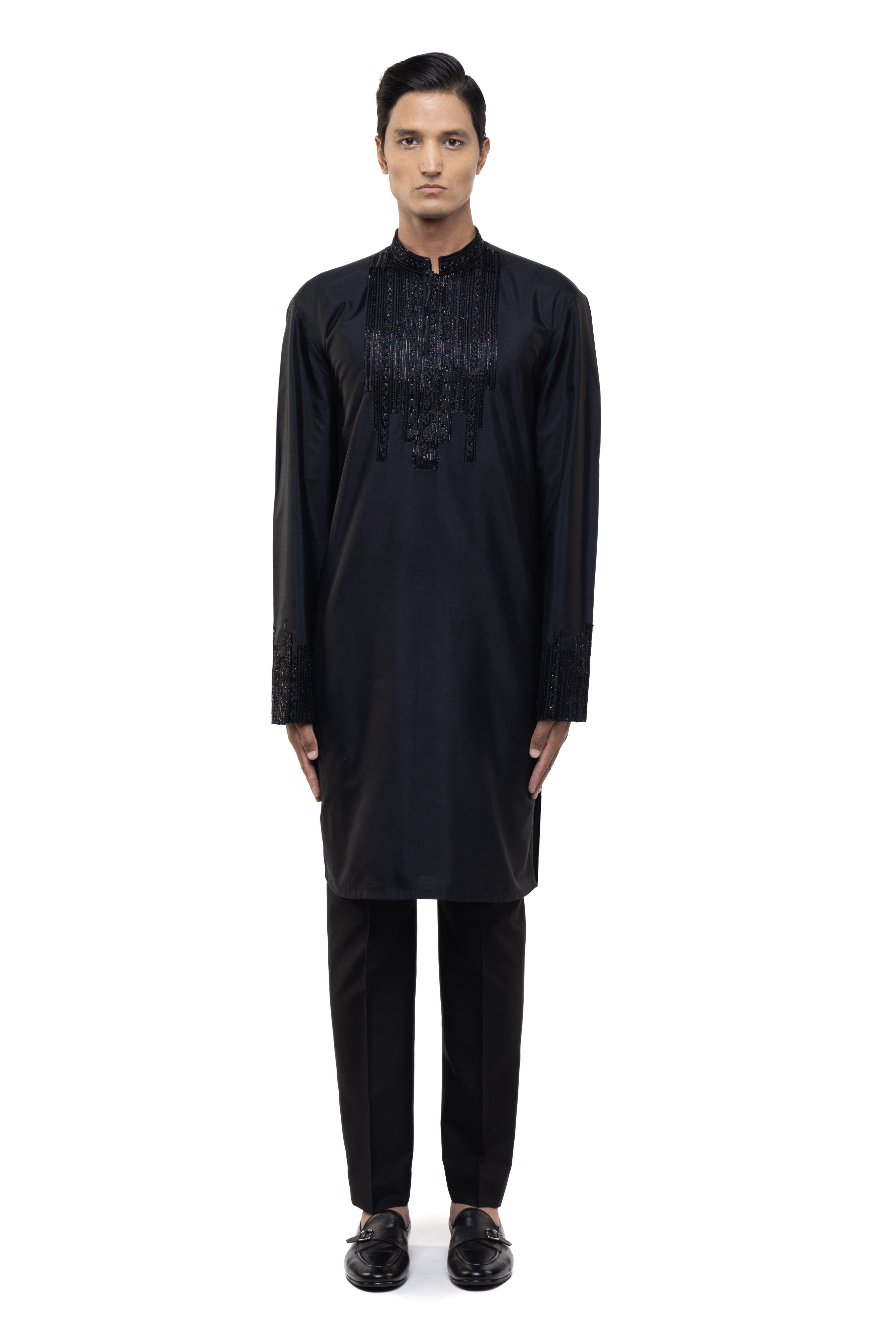 Black Silk Embroidered Placket Kurta Set