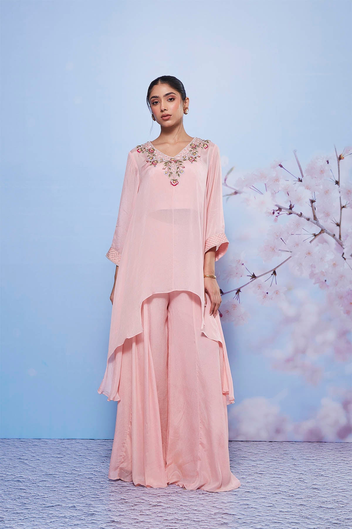 Baby Pink Asymmetrical Kurta with Sharara and Bustier - Chanda
