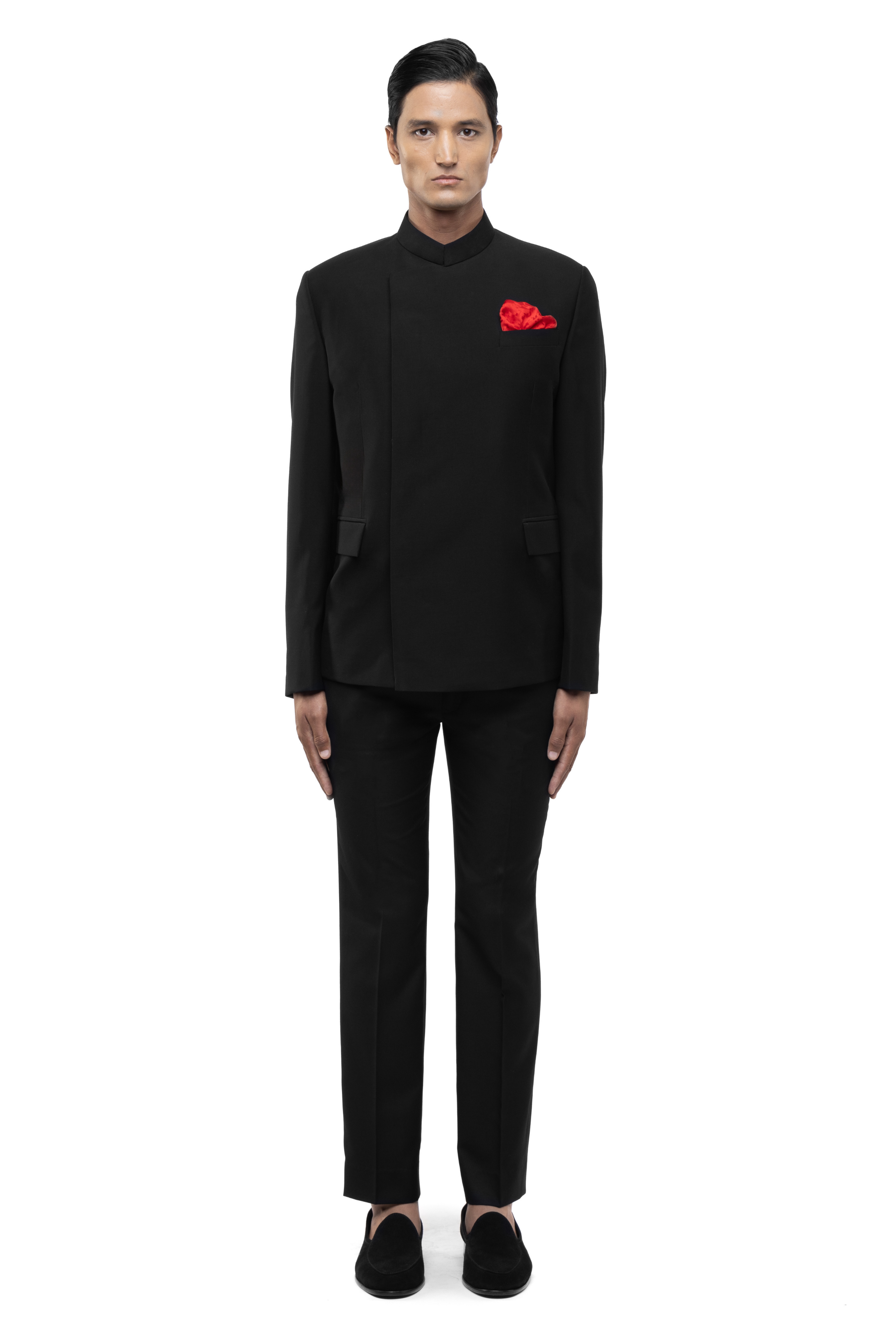 Black Worsted Wool Classic Stand Collar Bandhgala Set