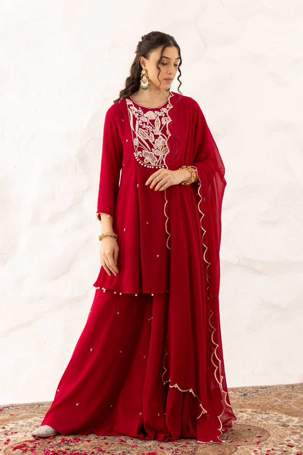 Anchal Plum Georgette Peplum Sharara Suit with Floral Embroidery