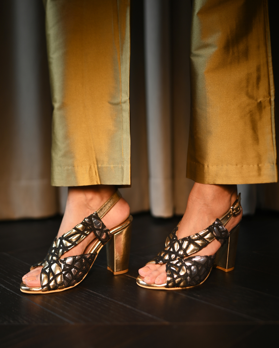 Black Webbed Detailing With Cushioned Gold And Silver Sling Back Heels