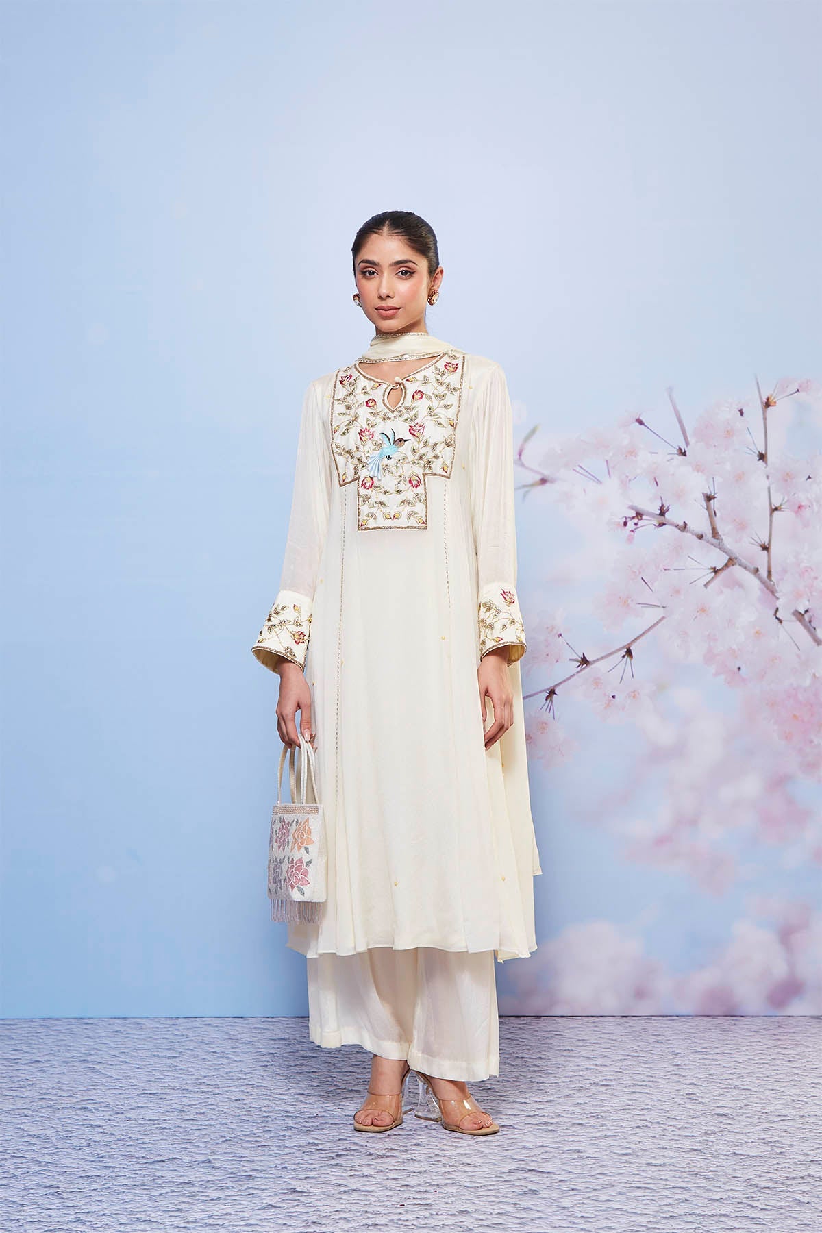 Ivory Chiffon A-Line Kurta Set with Intricate Yoke Embroidery