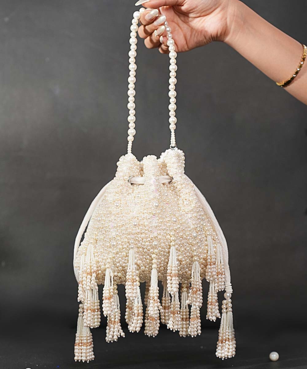 Emma Ivory Suede Pearl Embellished Potli