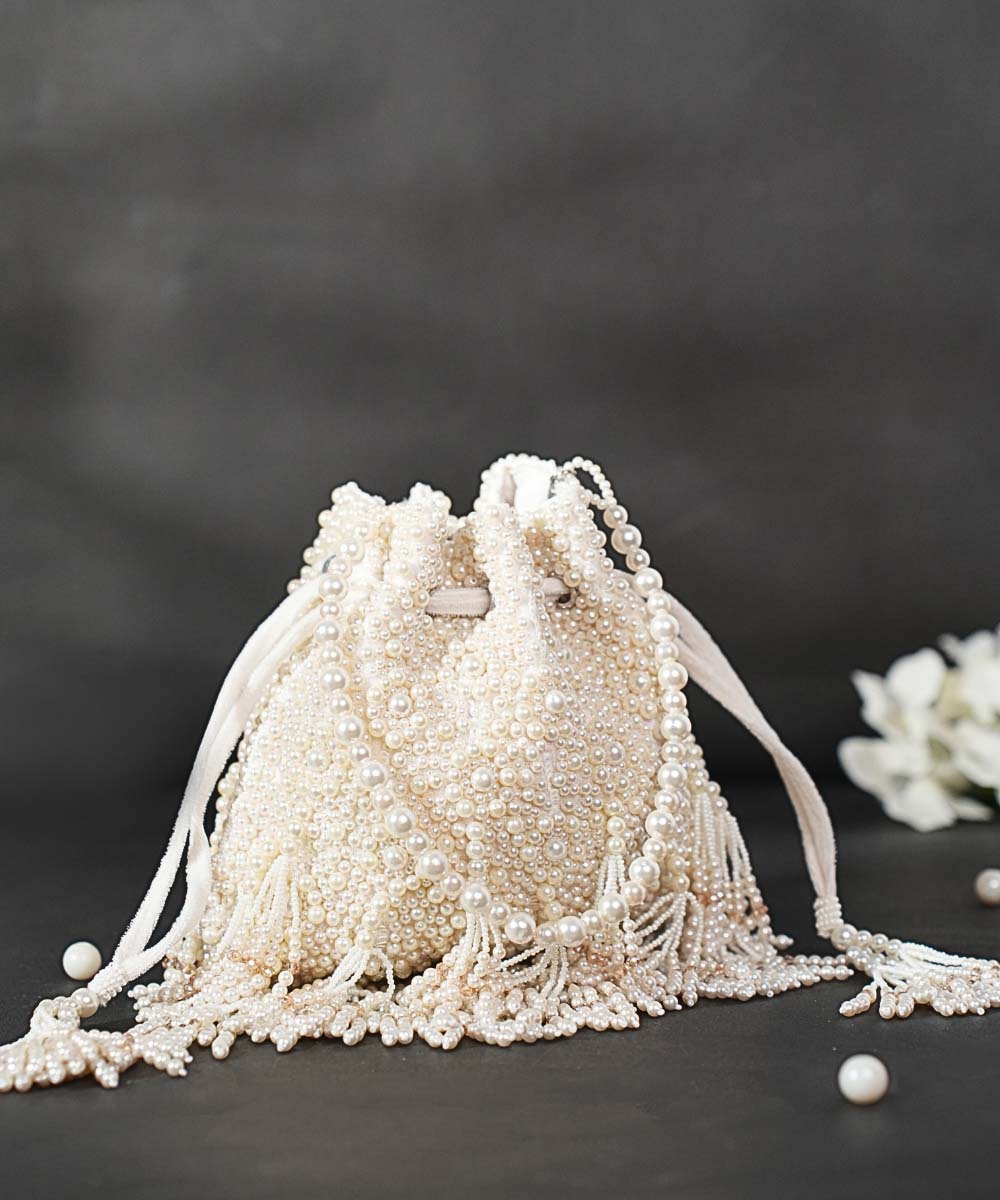 Emma Ivory Suede Pearl Embellished Potli