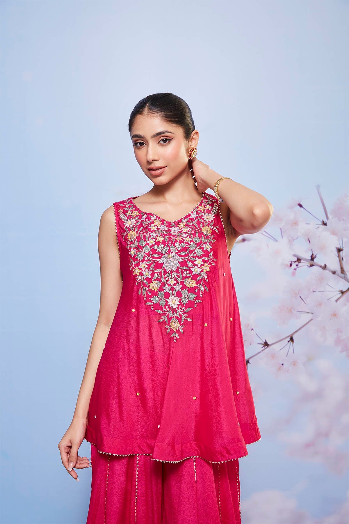Rani Pink Chiffon A-Line Kurta and Sharara Set with Embroidery
