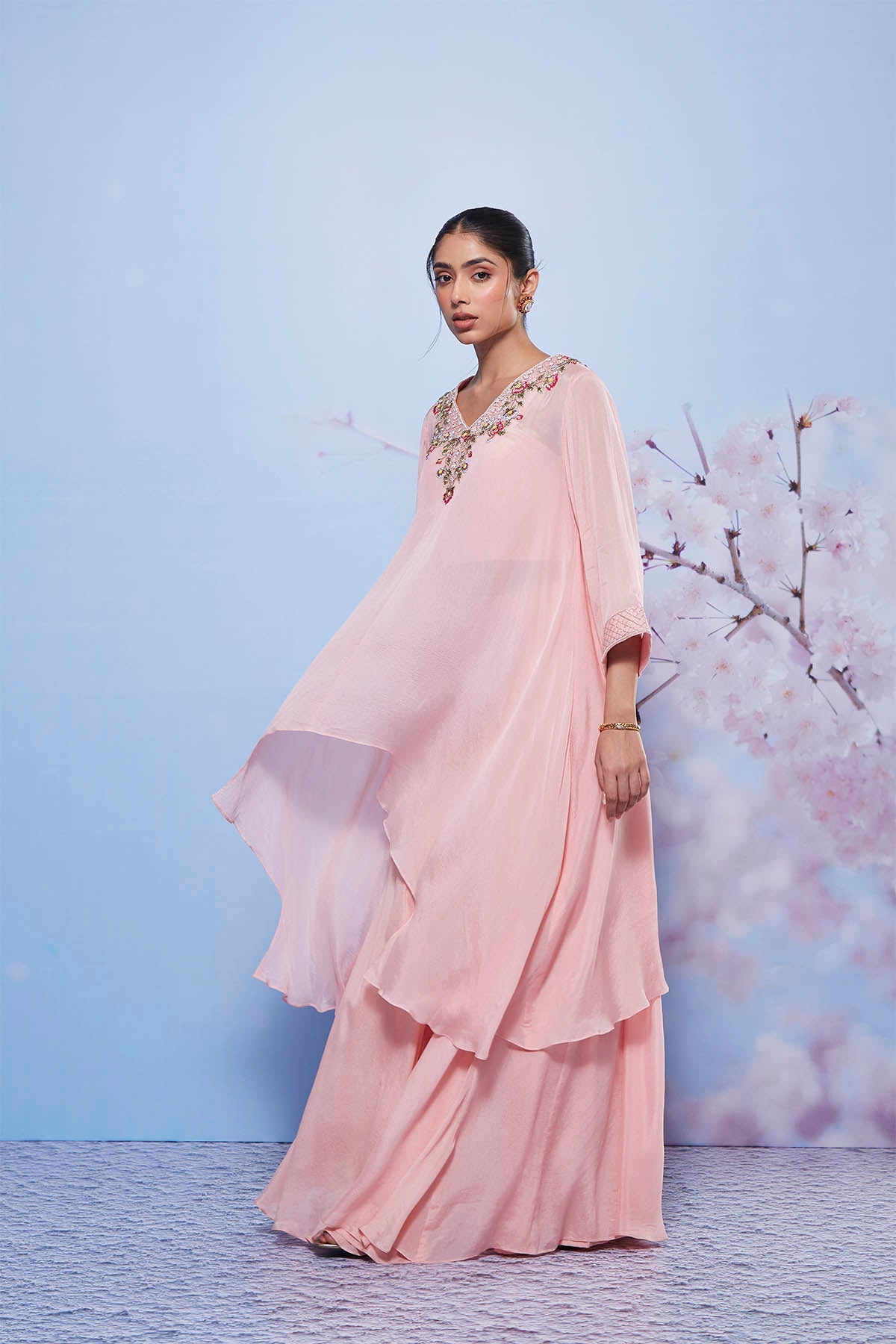 Baby Pink Asymmetrical Kurta with Sharara and Bustier - Chanda