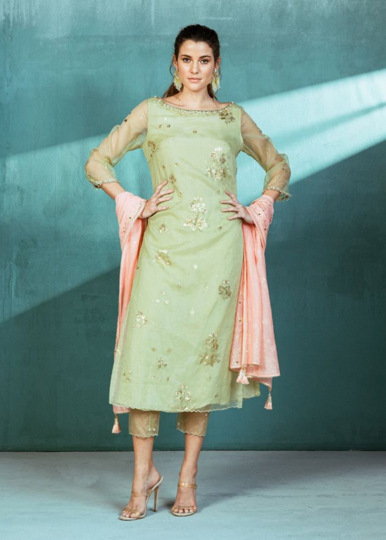 Mint Organza Foil Printed Kurta Pant Set