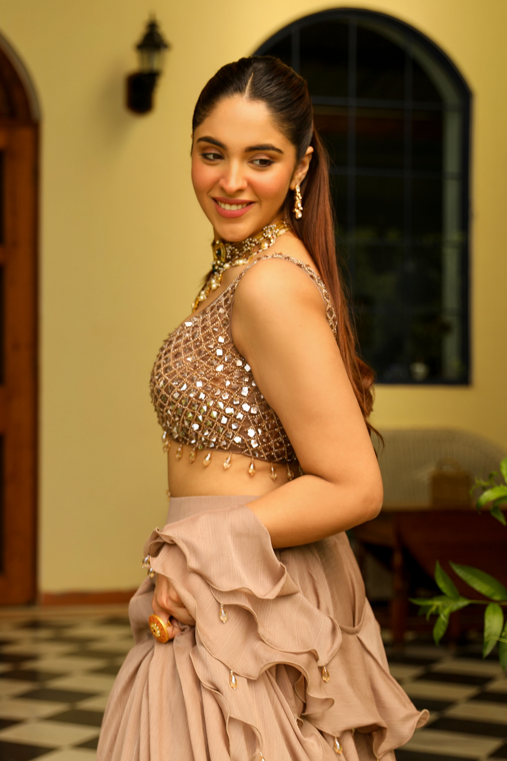 Saanvi Skin Crystal Embroidered Lehenga with Structured Organza Frill