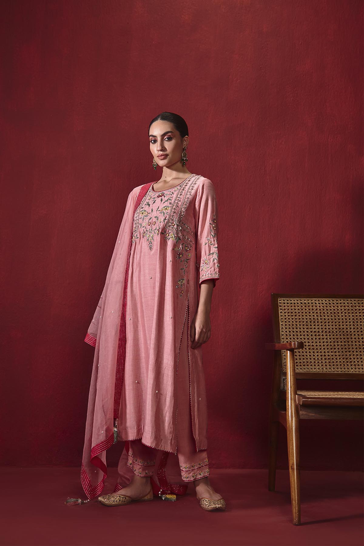 Preeti Rose Pink Dupion Silk Kurta Set with Embroidered Organza Dupatta