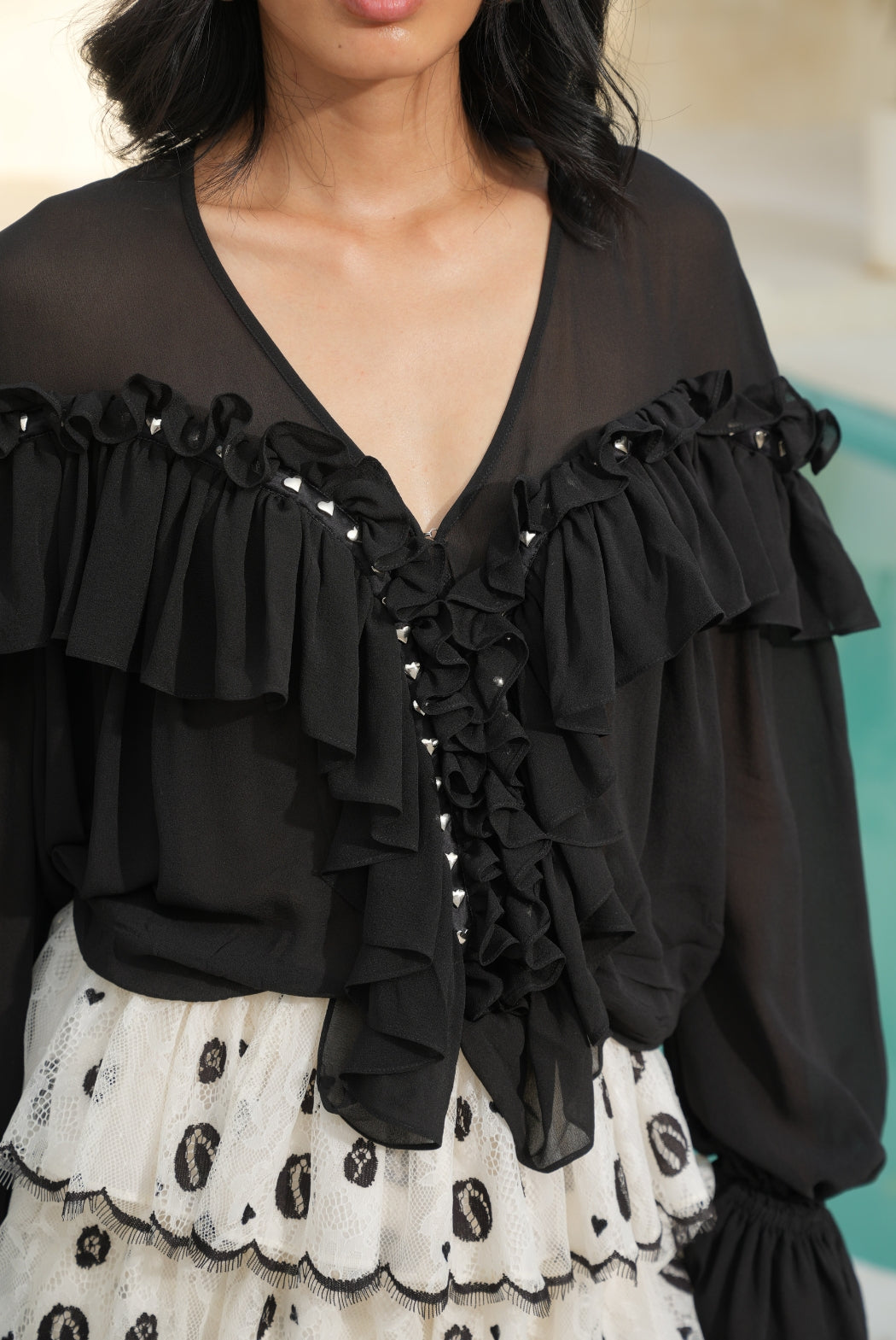 Black Georgette Ruffle Top and Silk Twill Skirt Luxury Co-ord Set
