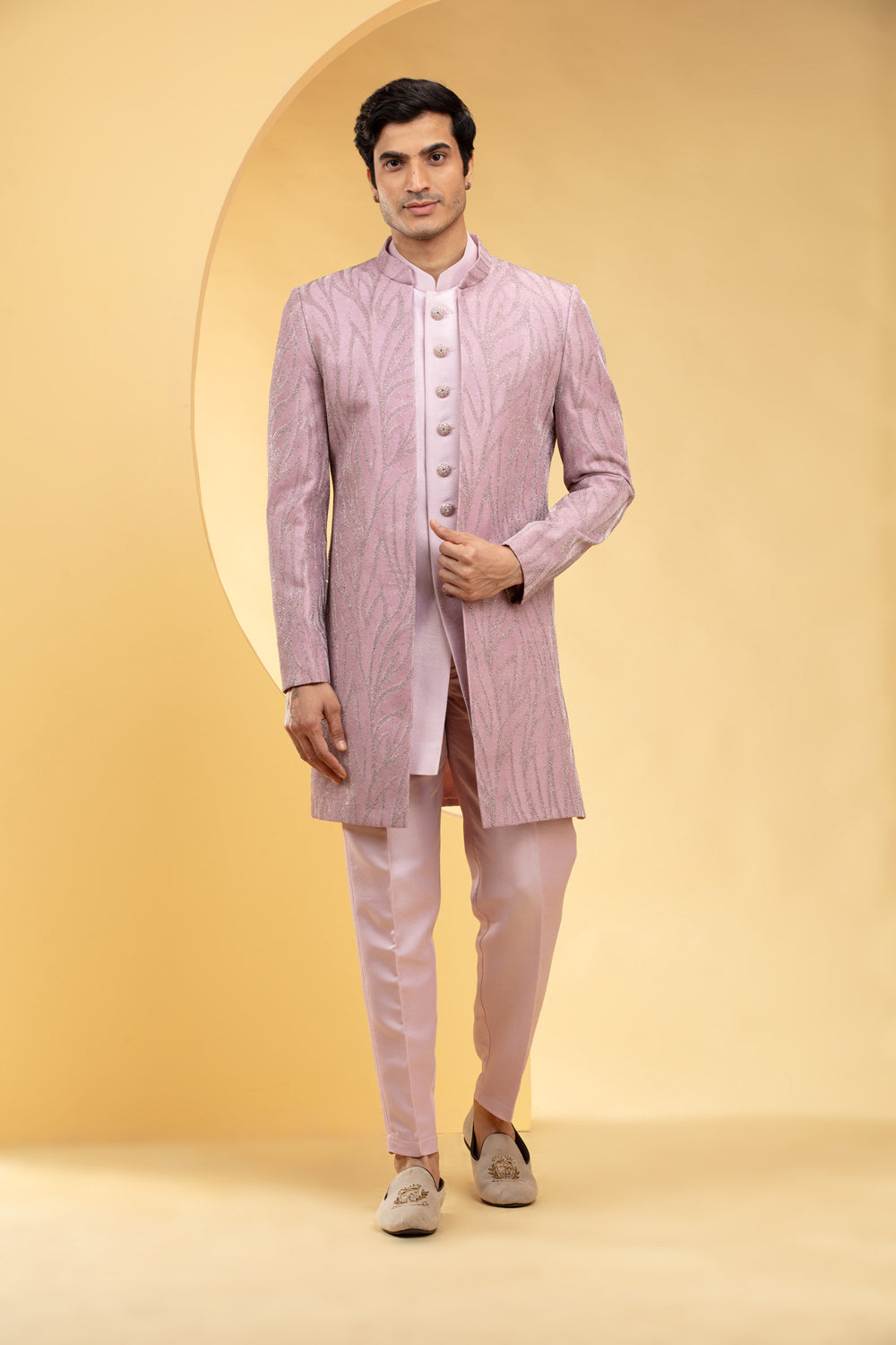 Blush Pink Ombré Open Indo Western Set With All Over Sequins Work And Metal Buttons - Auraya Fashion - Riyaasat Men - #tag1# - #tag2# - #tag3# - #tag3#