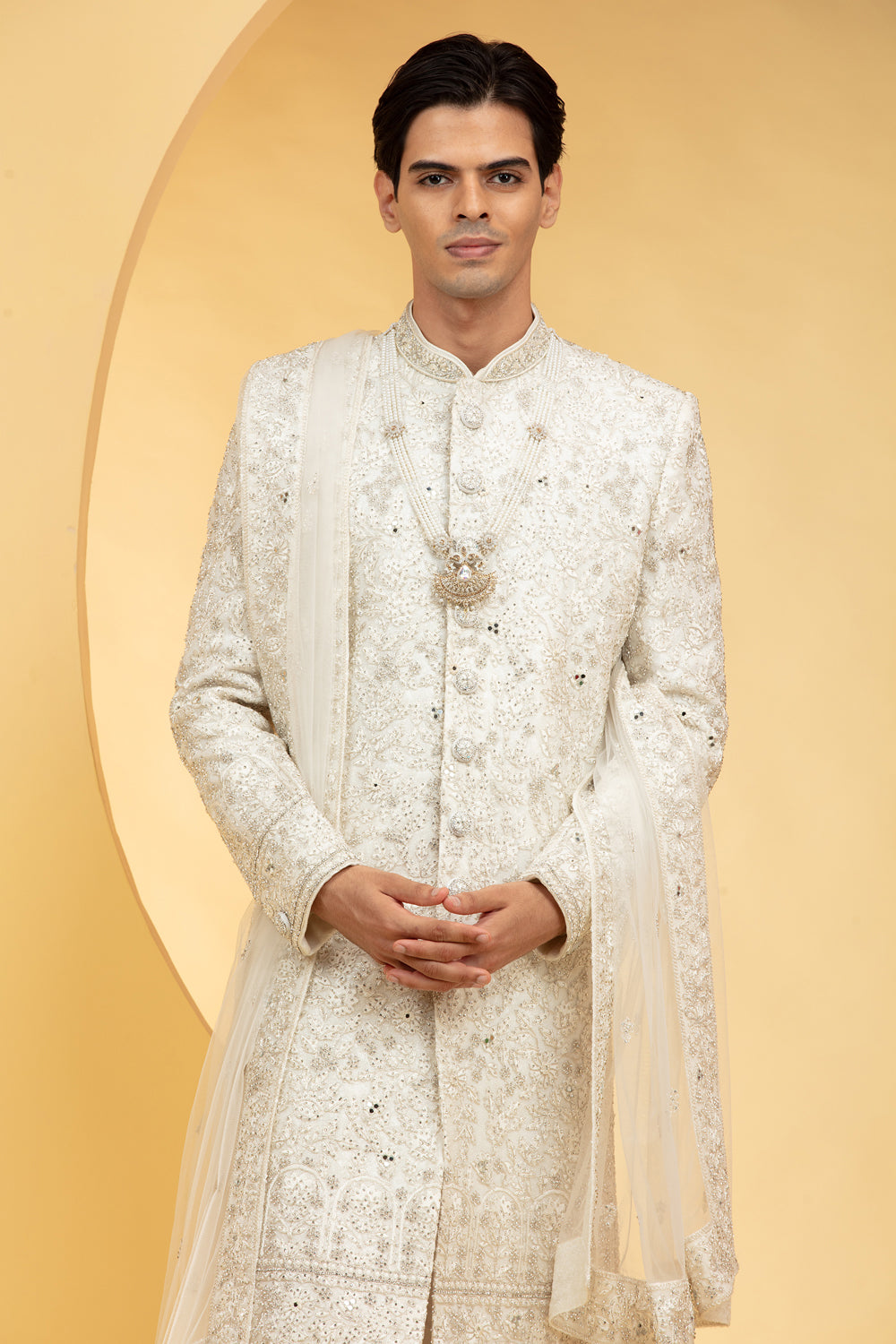 Daisy White Printed Mirror Work Sherwani With Net Dupatta And Embellishments - Auraya Fashion -  - #tag1# - #tag2# - #tag3# - #tag3#