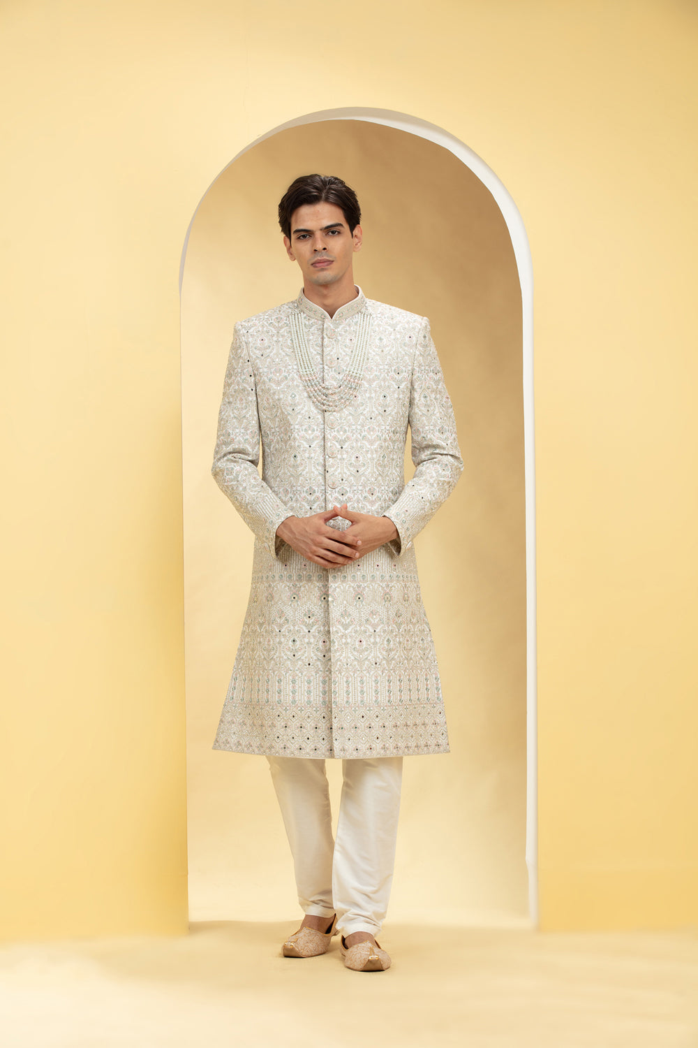 Seashell White Indo Western Sherwani Set With Thread Work Embellishments - Auraya Fashion - Riyaasat Men - #tag1# - #tag2# - #tag3# - #tag3#