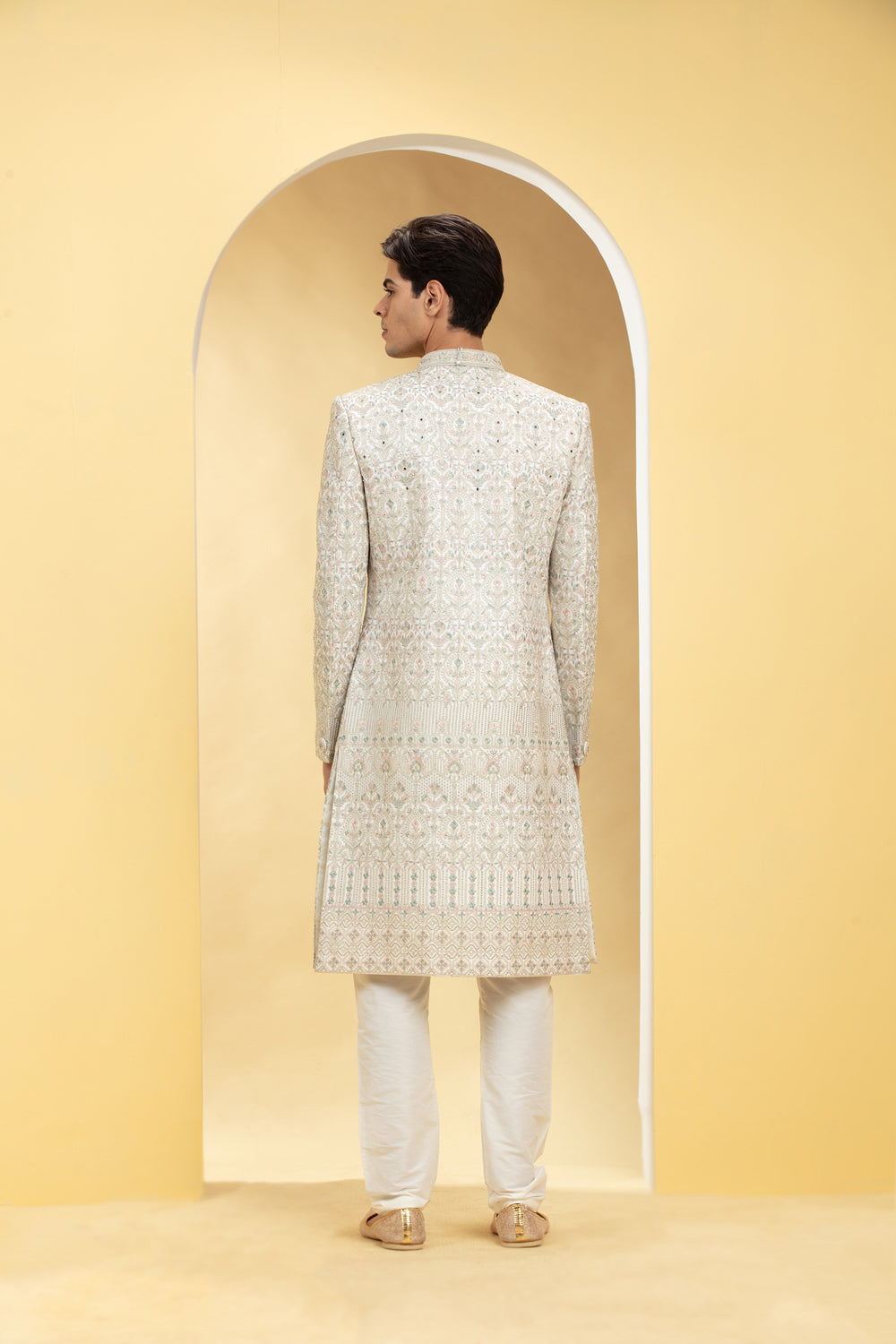 Seashell White Indo Western Sherwani Set With Thread Work Embellishments - Auraya Fashion -  - #tag1# - #tag2# - #tag3# - #tag3#