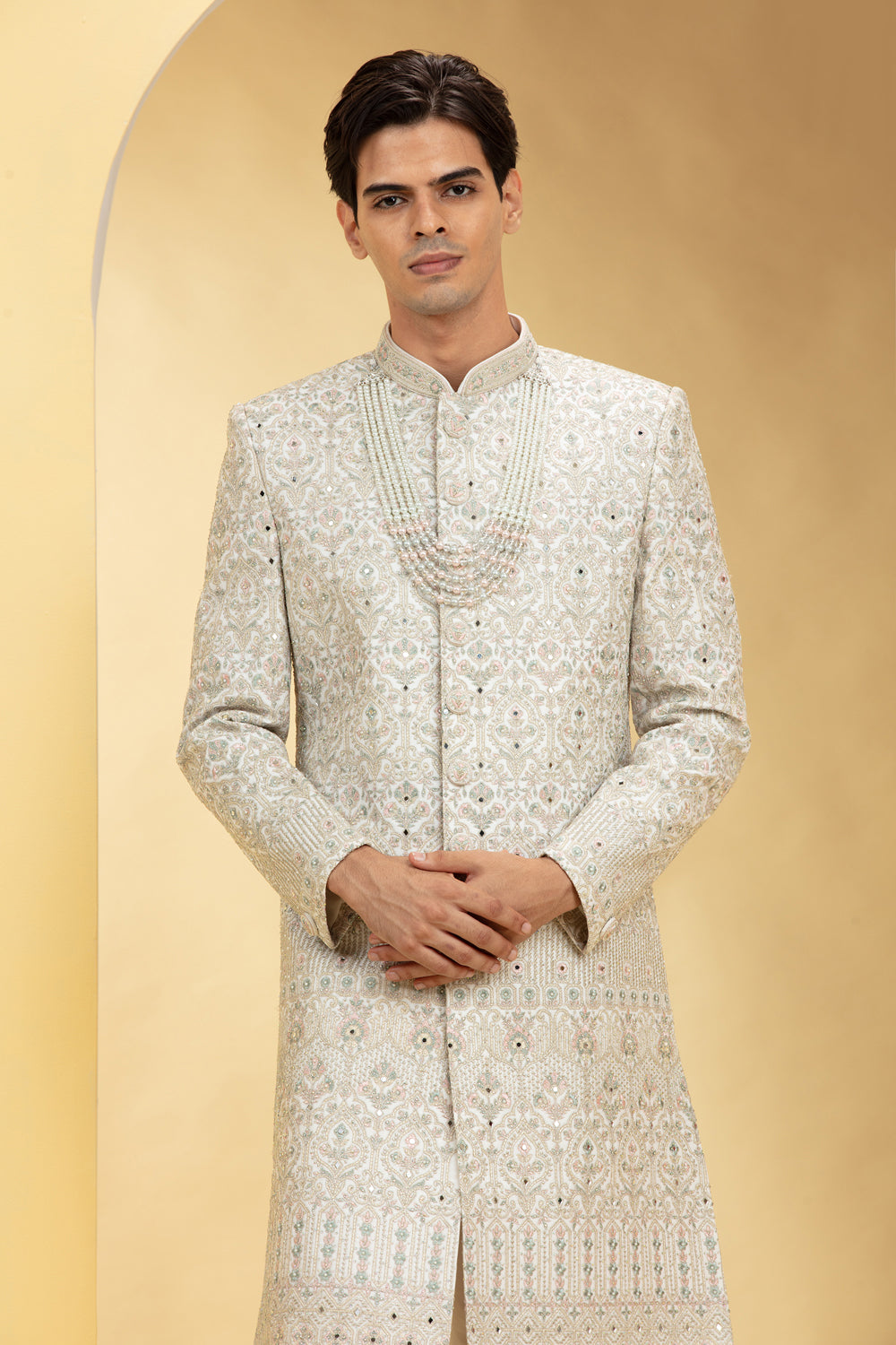 Seashell White Indo Western Sherwani Set With Thread Work Embellishments - Auraya Fashion -  - #tag1# - #tag2# - #tag3# - #tag3#