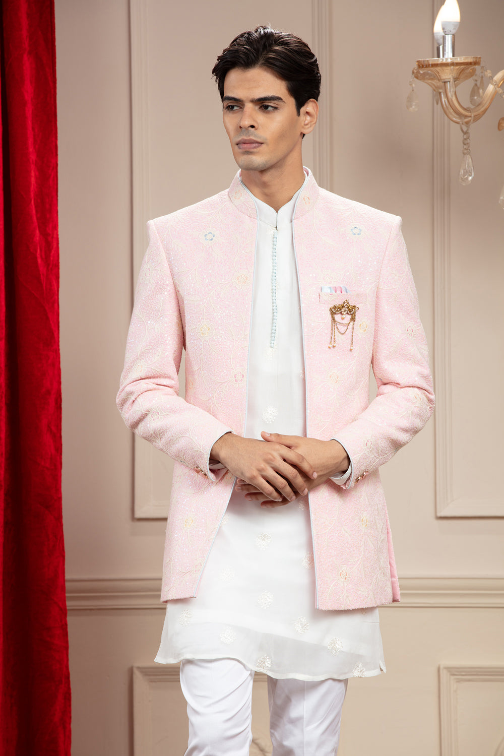 Blush Pink Open Jodhpuri With Resham Thread Work And Embellishments