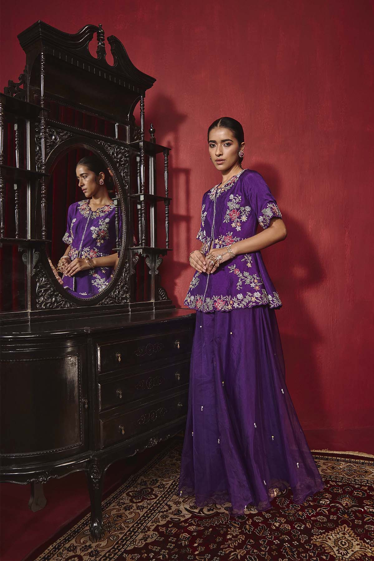 Purple Embroidered A-Line Silk Jacket & Sharara Set - Urvi