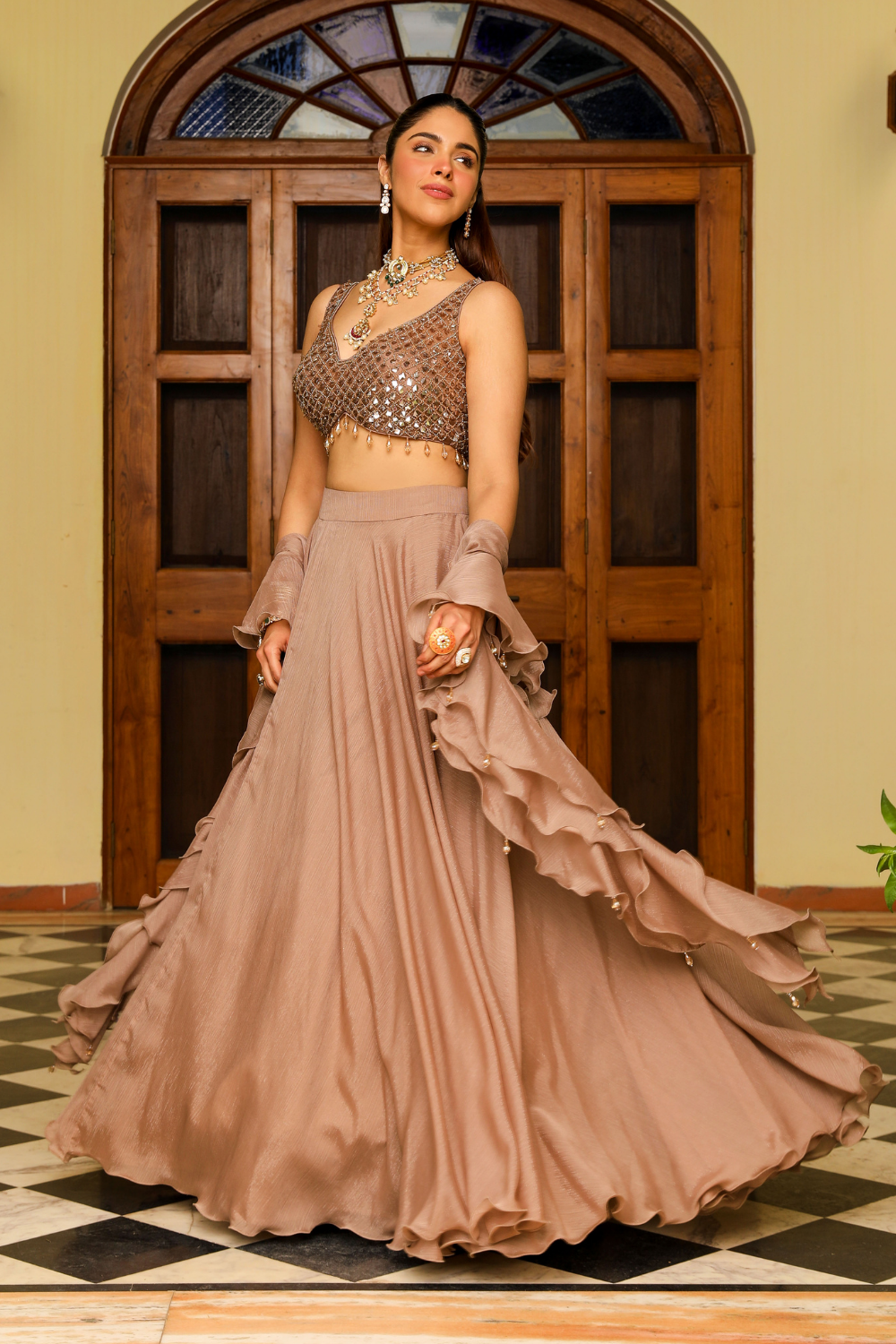 Saanvi Skin Crystal Embroidered Lehenga with Structured Organza Frill