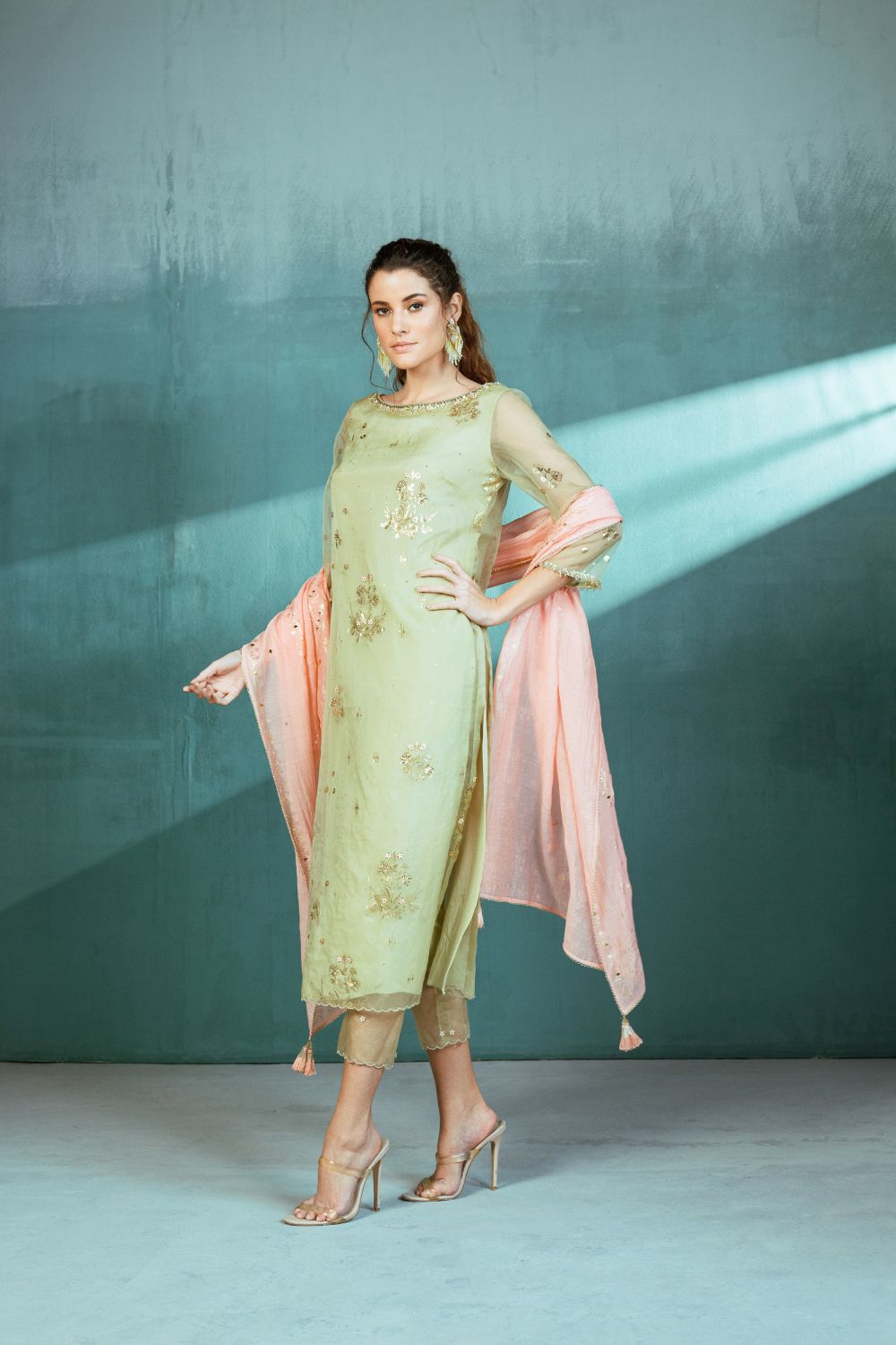 Mint Organza Foil Printed Kurta Pant Set