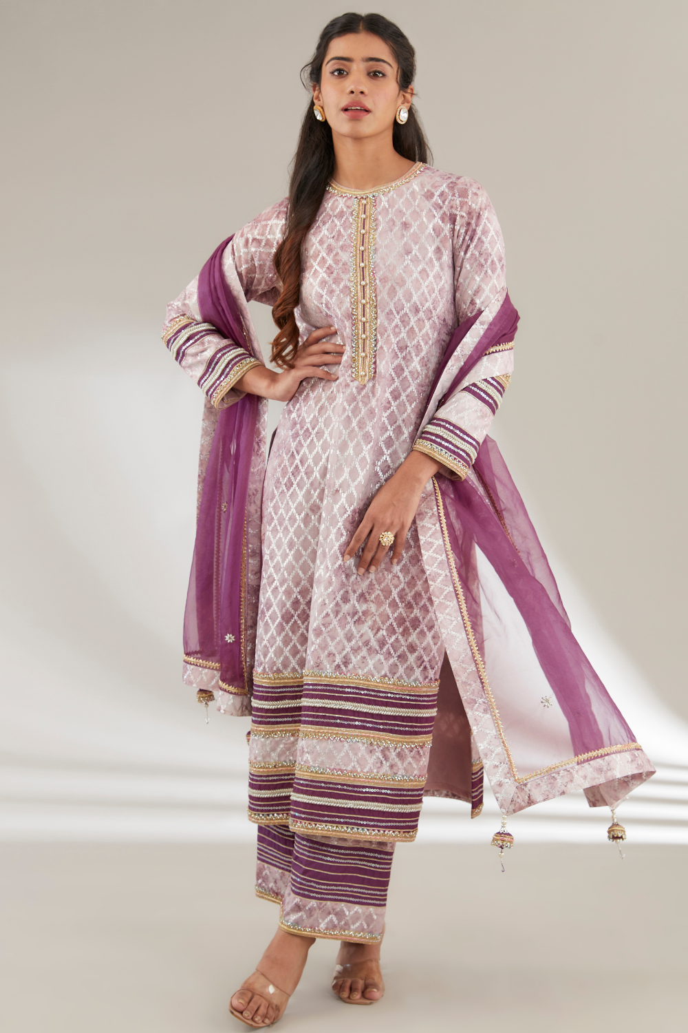Rewa Purple Silk Suit Set with Embroidered Cuffs & Organza Dupatta