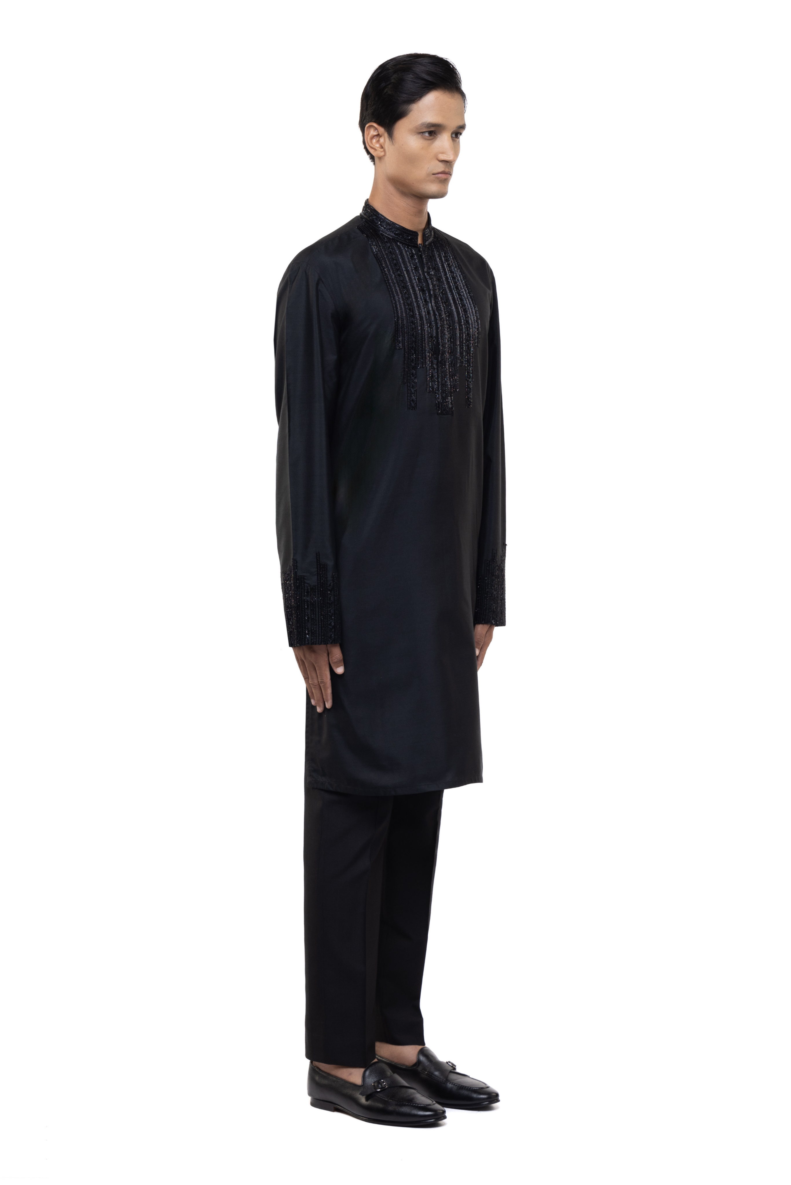 Black Silk Embroidered Placket Kurta Set