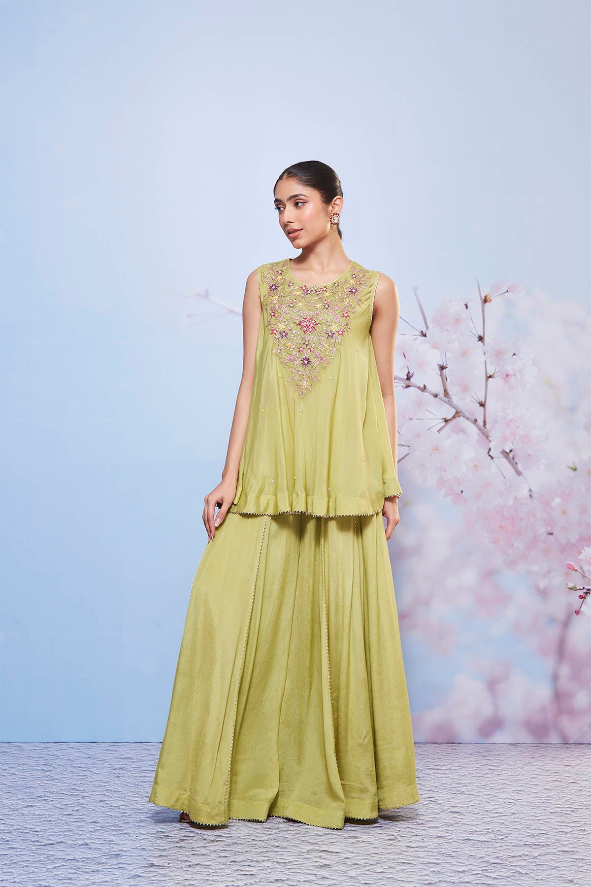 Mint Chiffon Embroidered Short Kurta and Gota Sharara Set