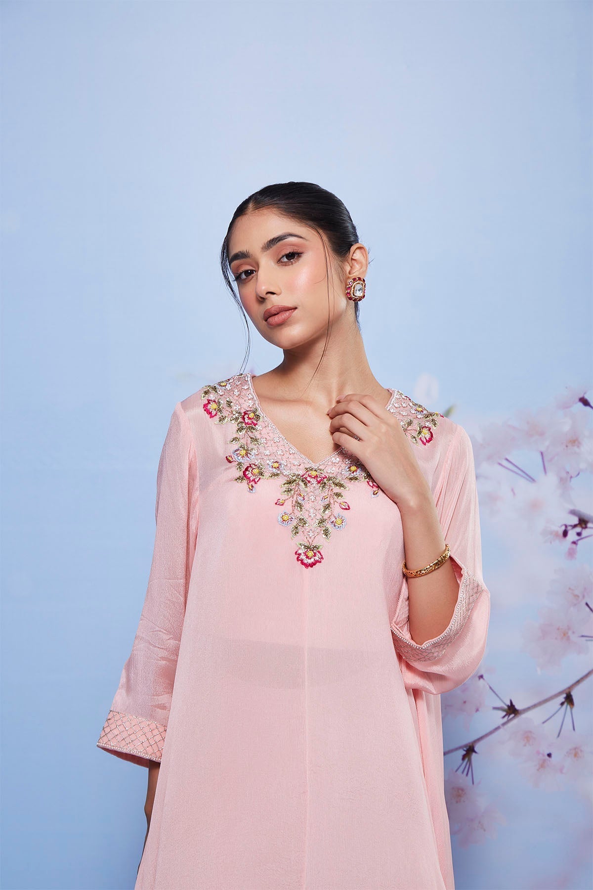 Chanda Baby Pink Asymmetrical Kurta with Sharara and Bustier