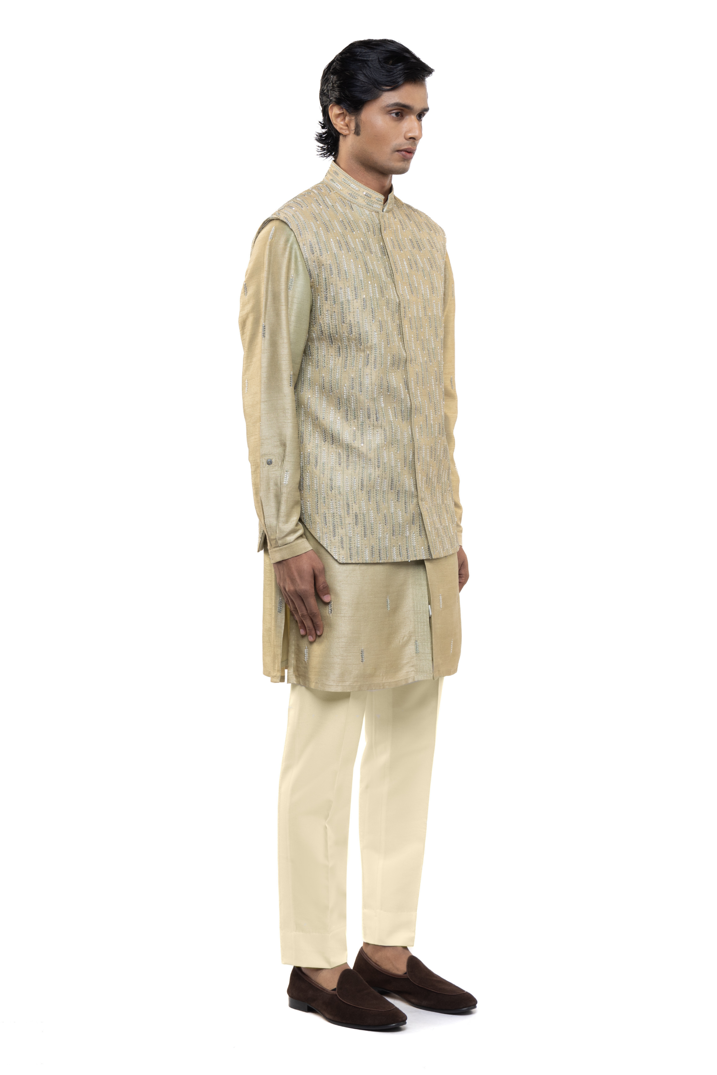 Sage Green Silk Beaded Embroidery Kurta Bandi Set