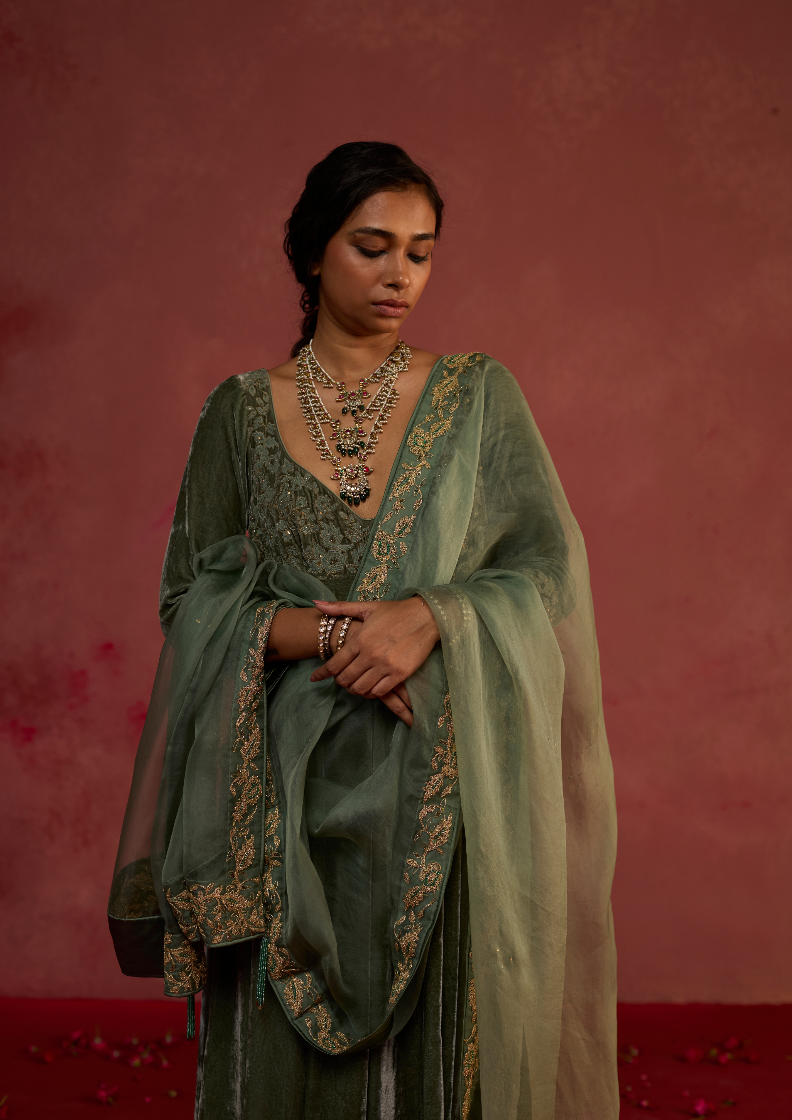Arisha | Velvet Anarkali Kurta Set with Organza Dupatta