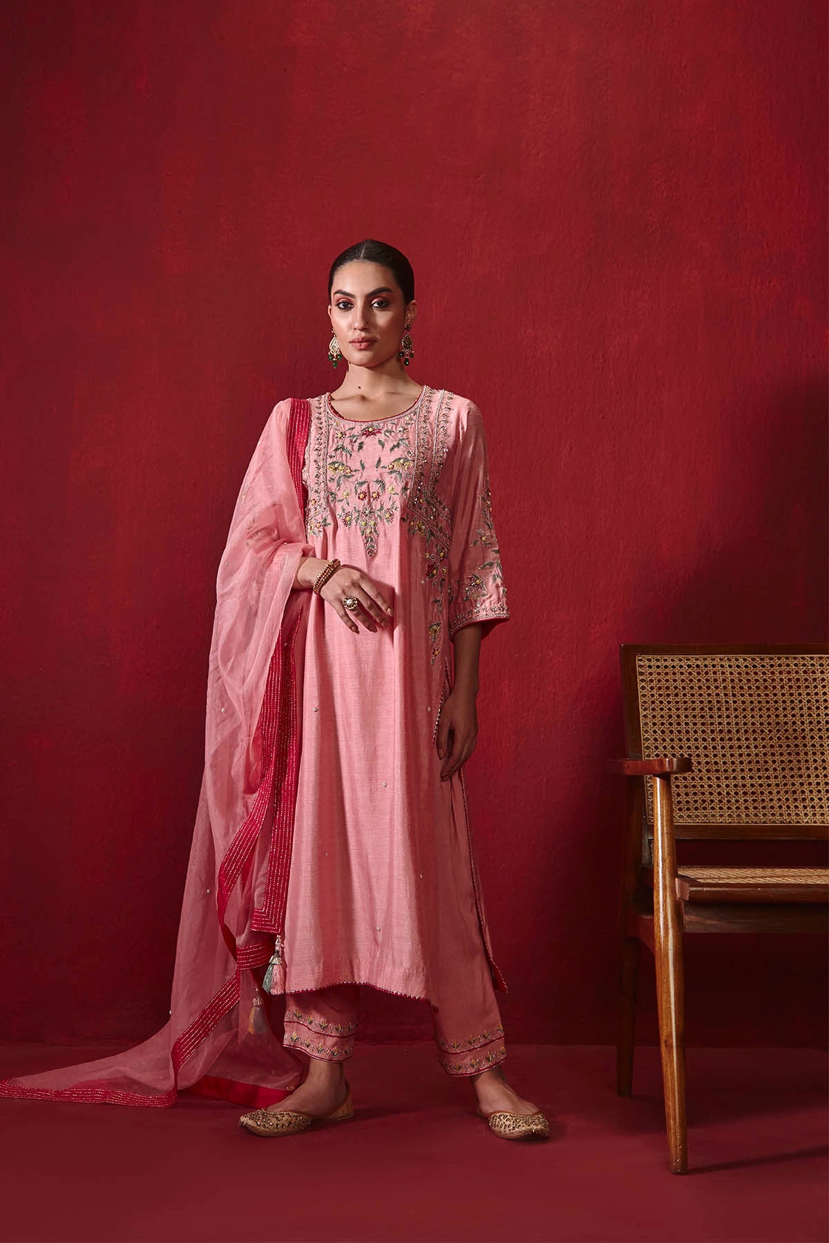 Preeti Rose Pink Dupion Silk Kurta Set with Embroidered Organza Dupatta
