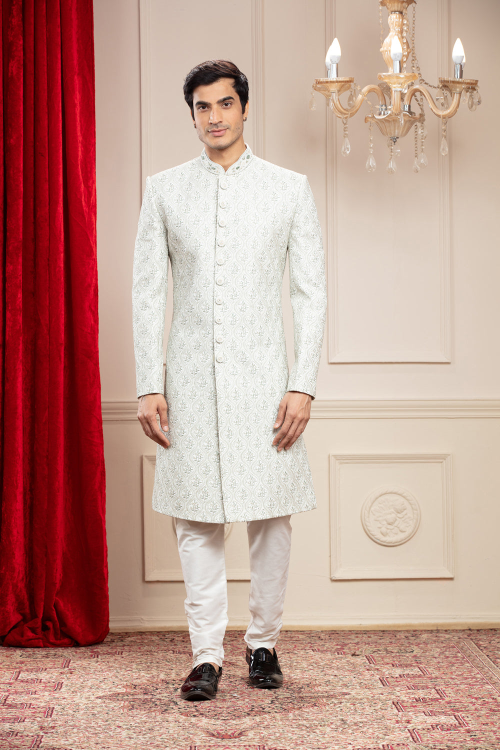 Powder White Lucknowi Sherwani With Handwork And Buttons