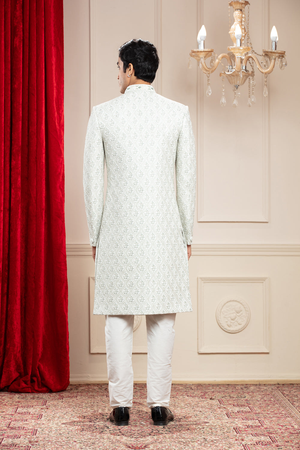 Powder White Lucknowi Sherwani With Handwork And Buttons