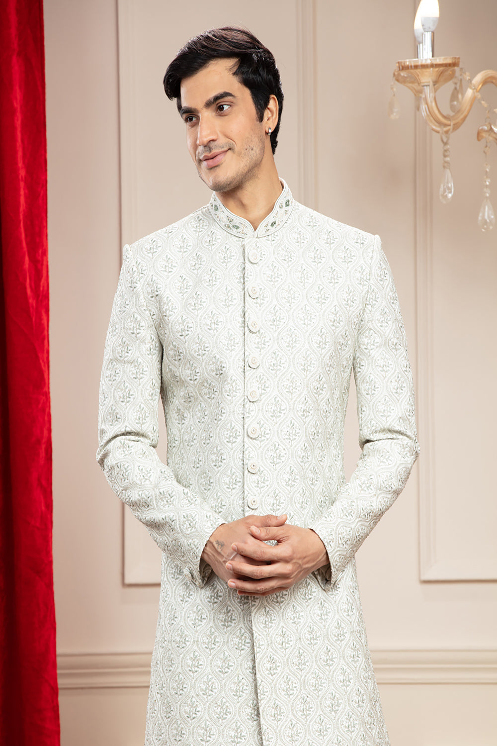 Powder White Lucknowi Sherwani With Handwork And Buttons