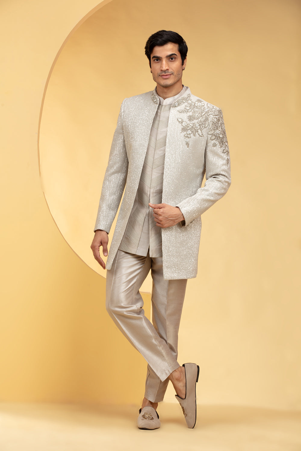 Beige Indo Western Kurta Set With Sequins Hand Work - Auraya Fashion - Riyaasat Men - #tag1# - #tag2# - #tag3# - #tag3#